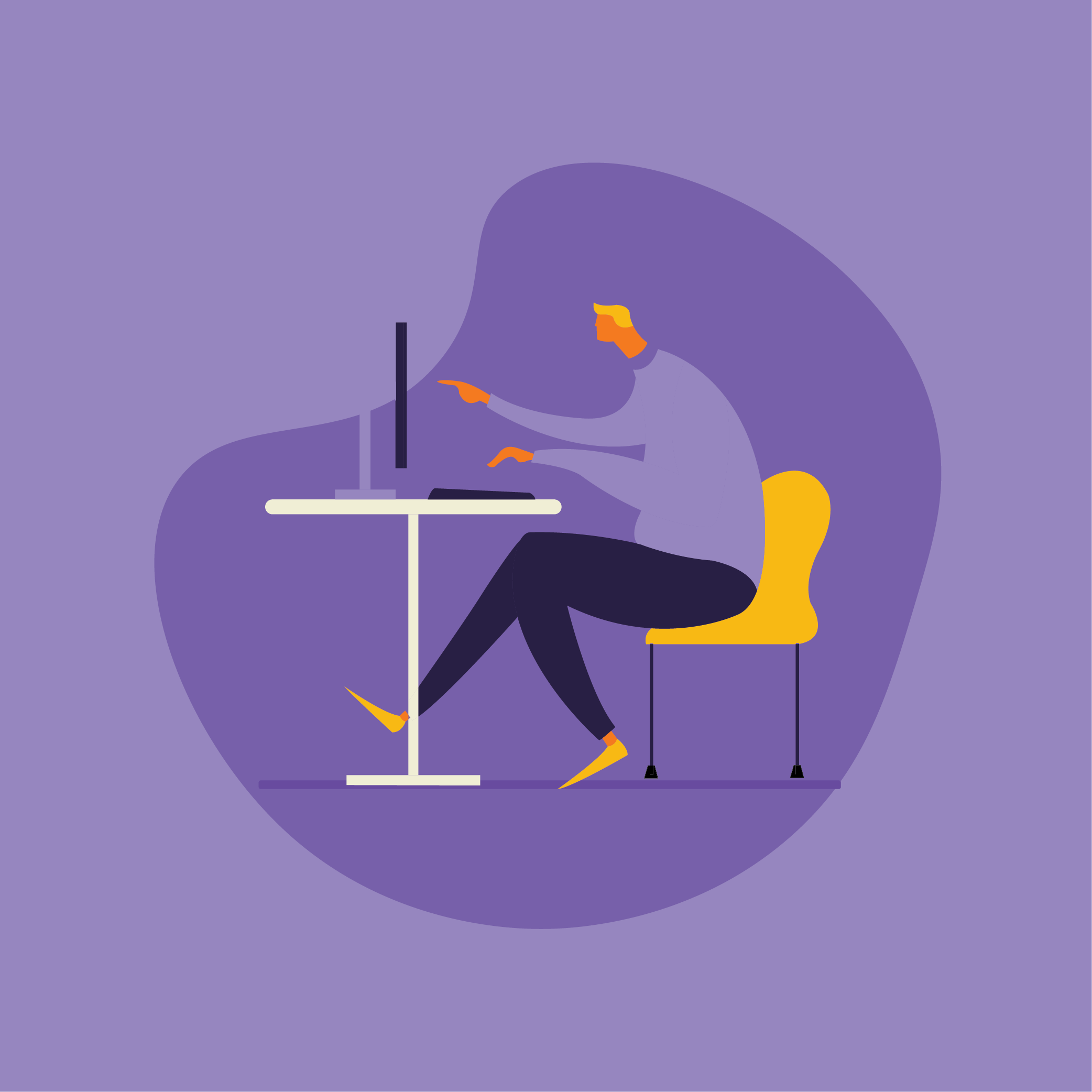 Person working on a computer at a desk, yellow chair, on a purple background.