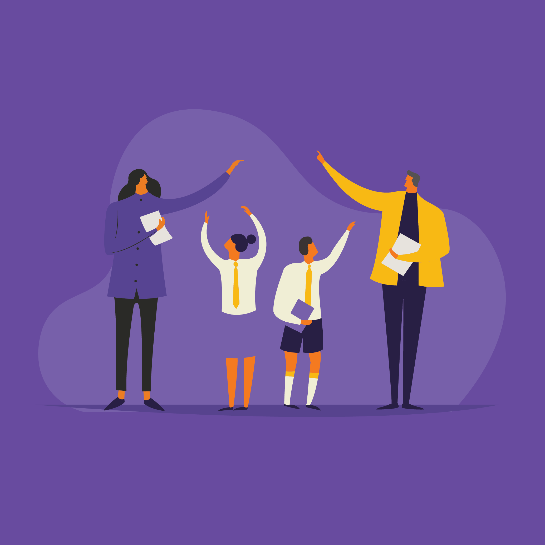 People with raised arms and papers on a purple background.