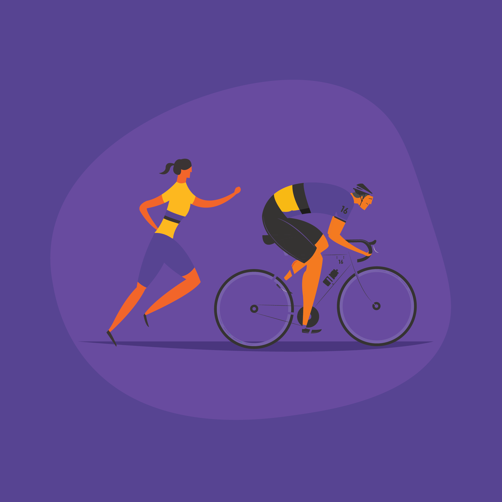 Cyclist and runner on purple background.