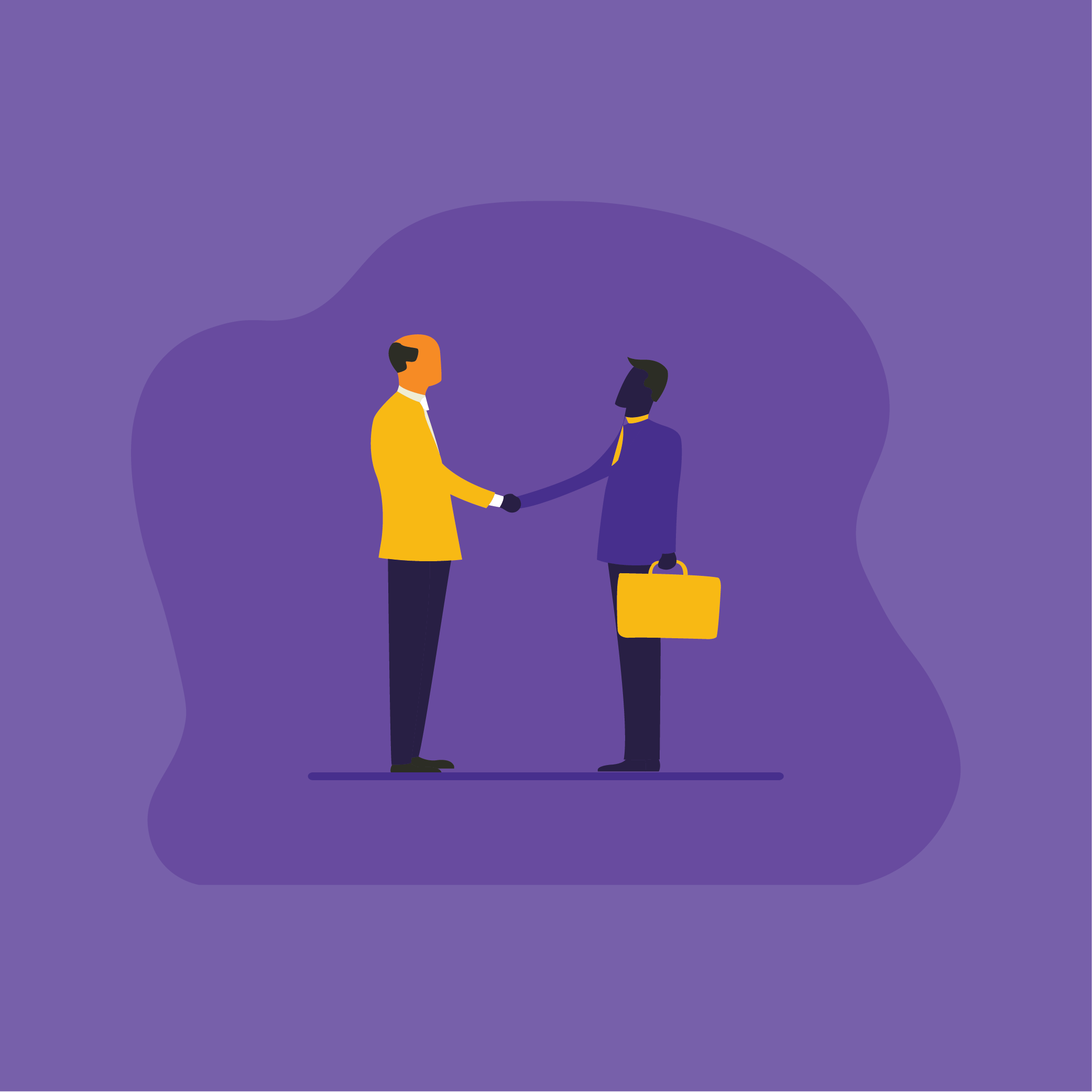 Two men shaking hands, purple background, one holding a briefcase.