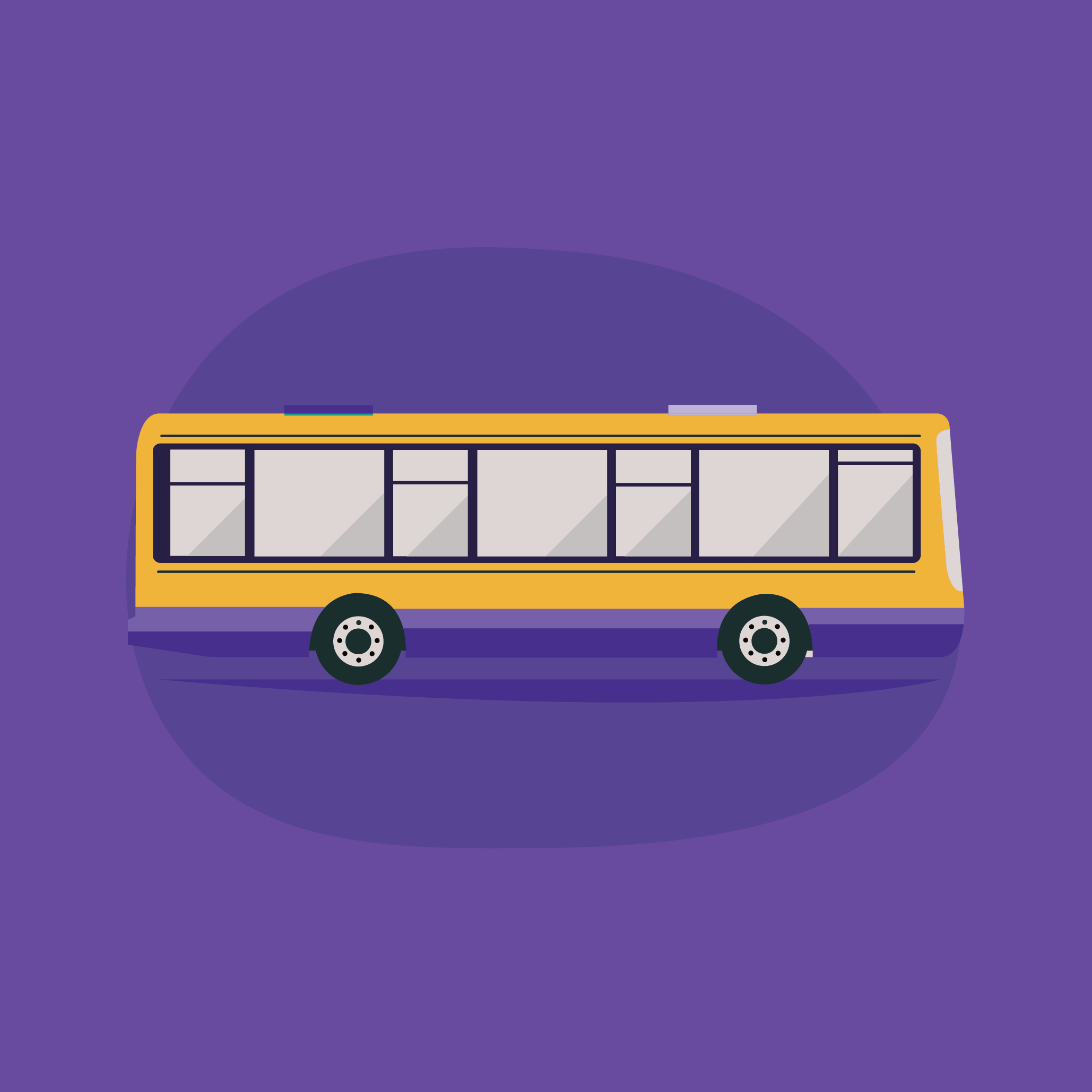 Yellow bus with windows, wheels, and a purple base.