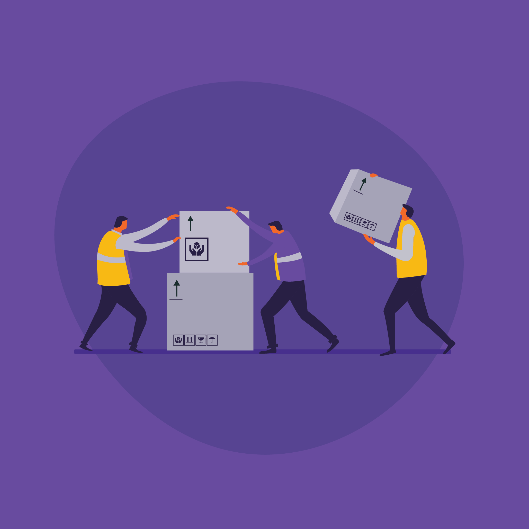 Three people loading boxes in a purple circle.