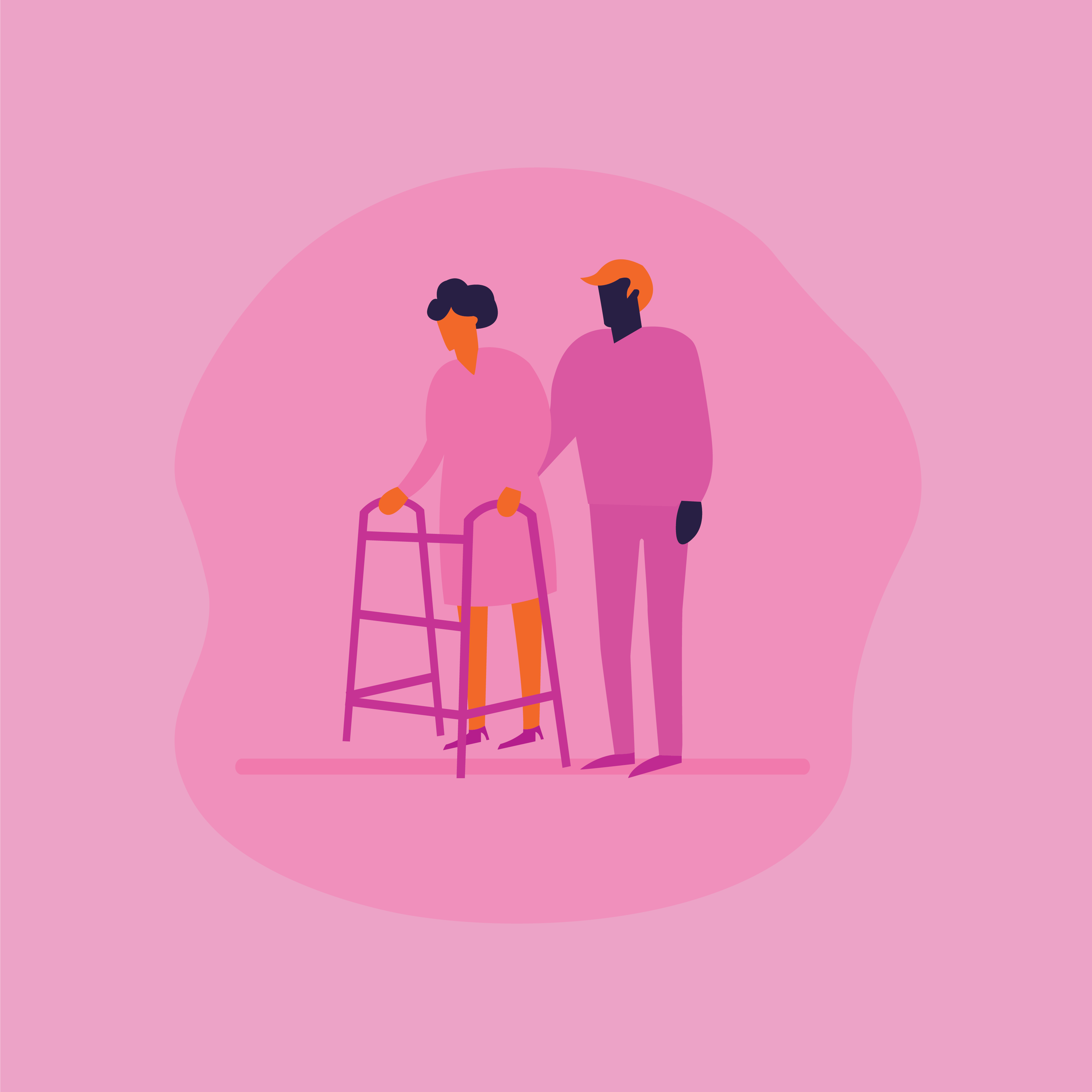 Person using walker assisted by another person.