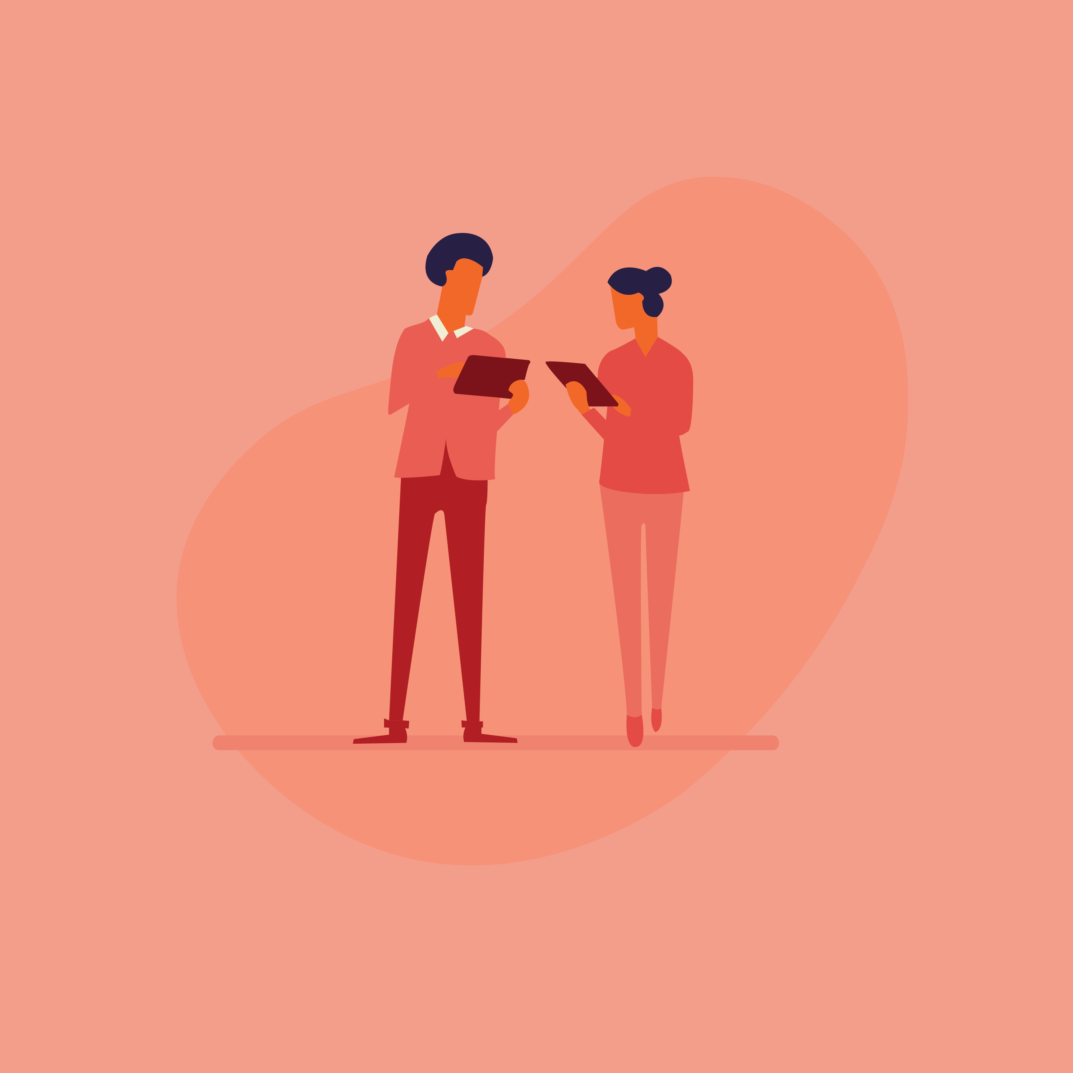 Two people holding tablets, talking in front of an oval shape.