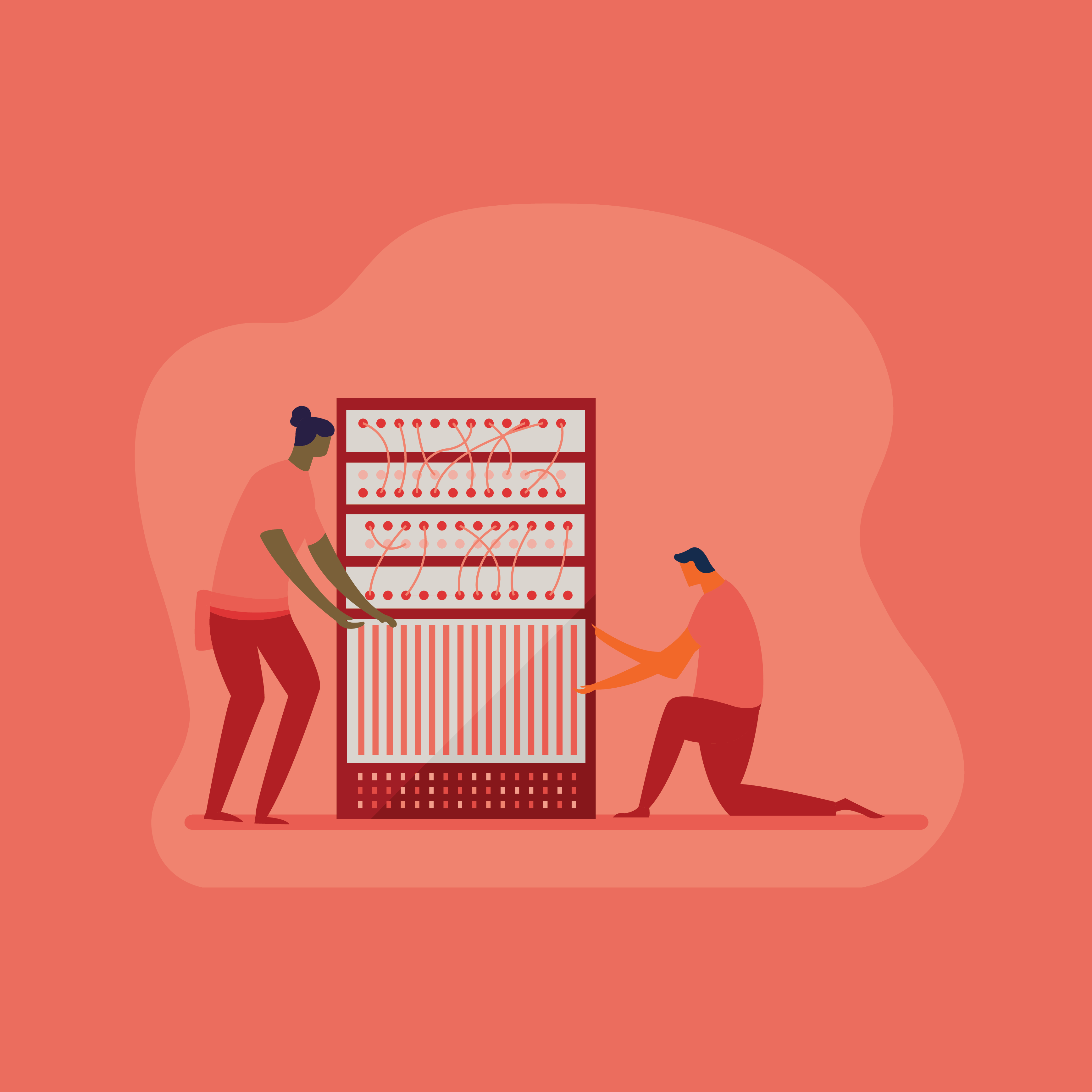 Two people working on a server.