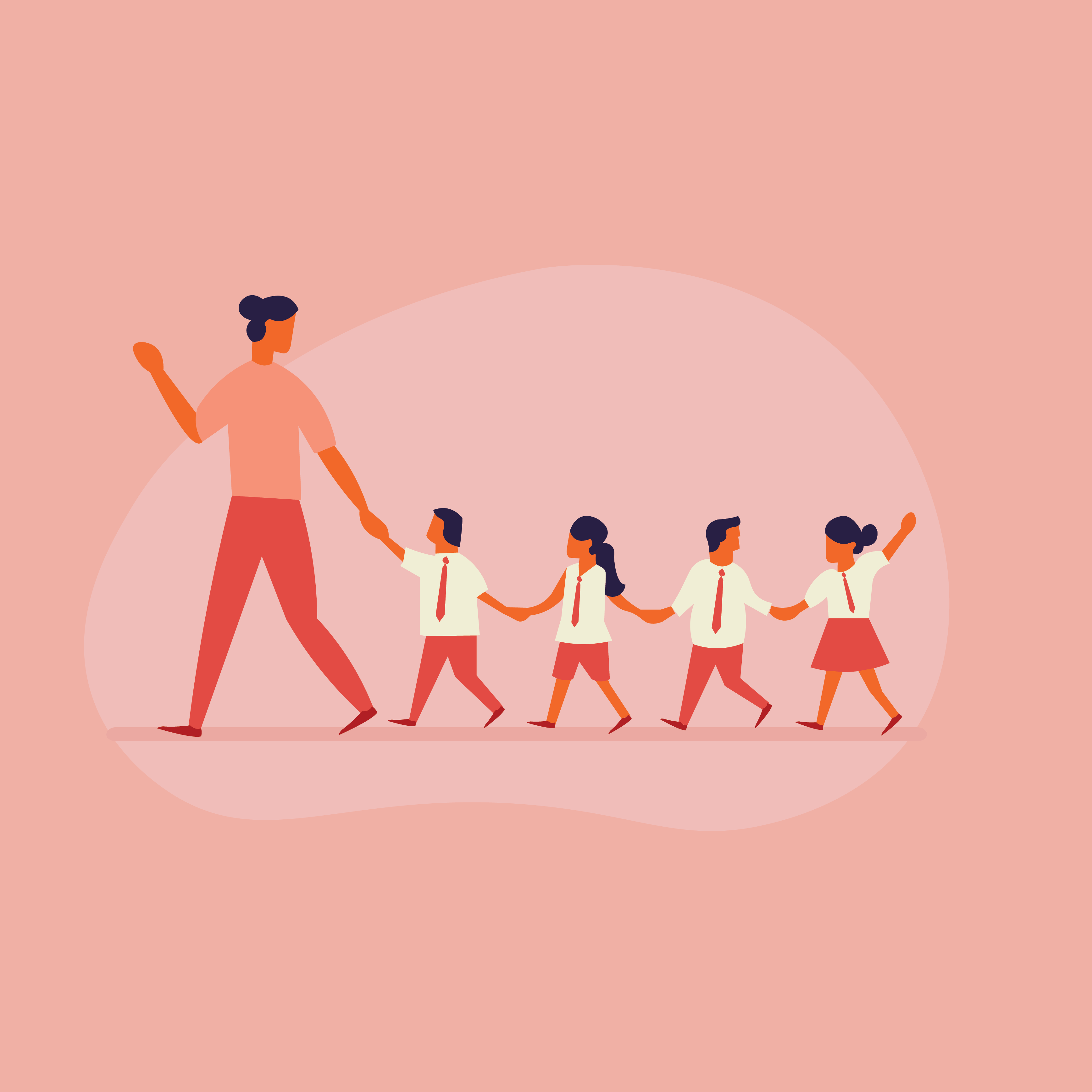 Teacher leading children in a line, light pink background.