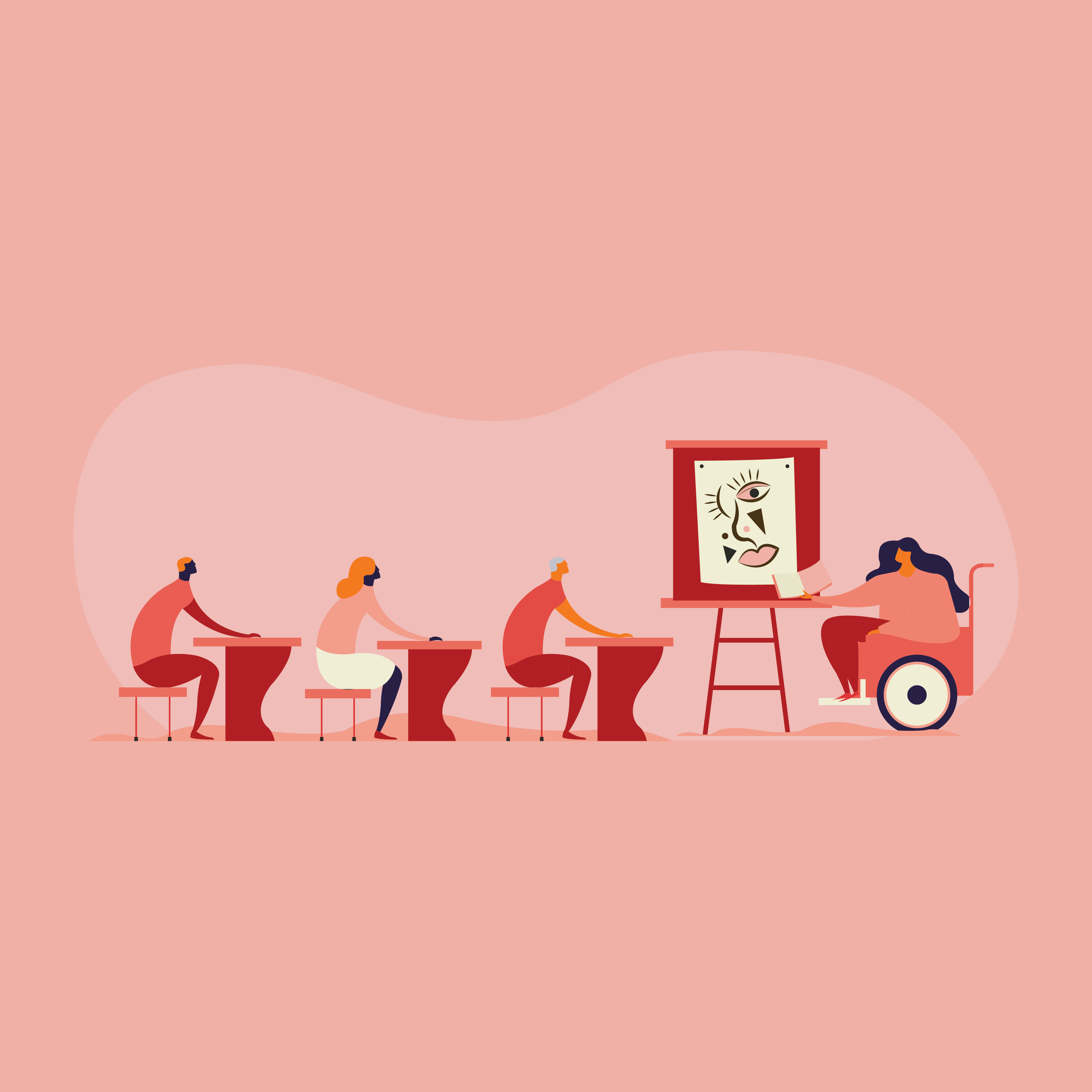 Illustration of people in a classroom setting with a teacher and students.