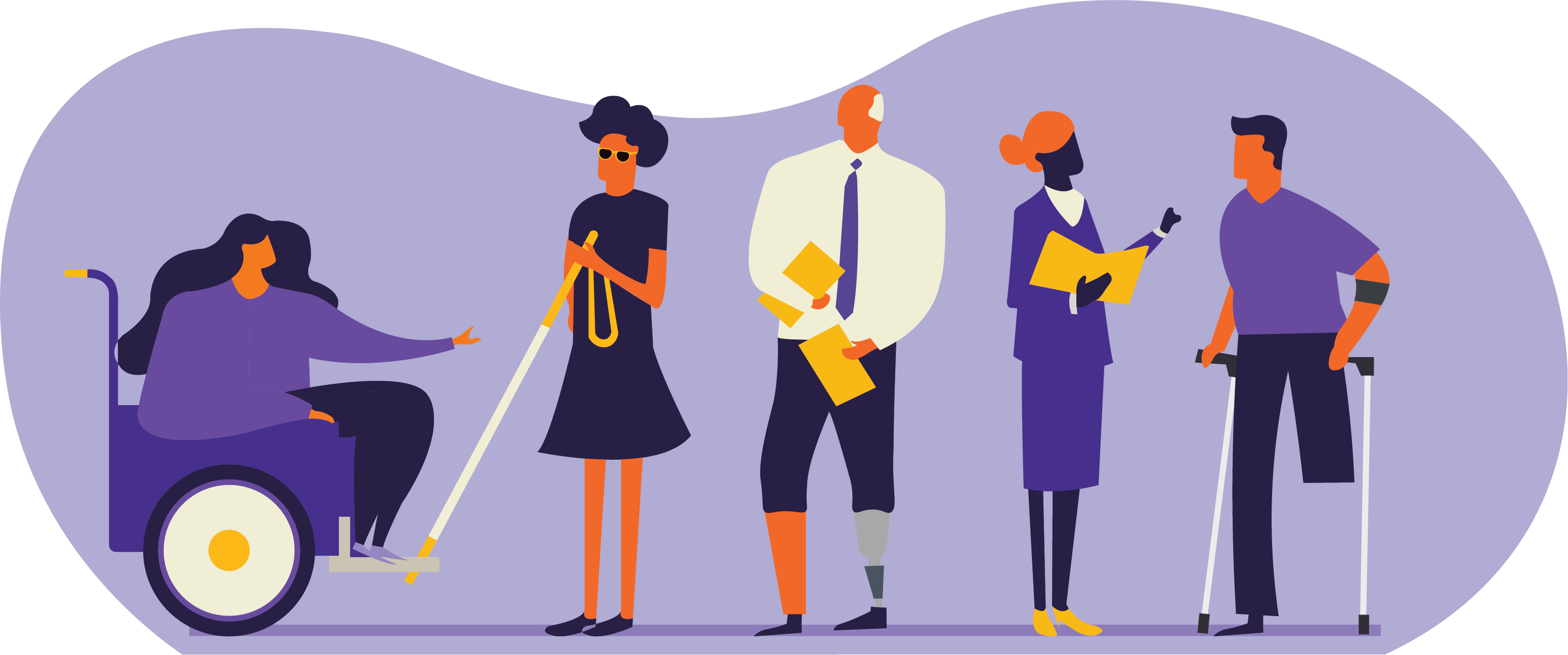 Diverse group of people, some with disabilities, standing together.