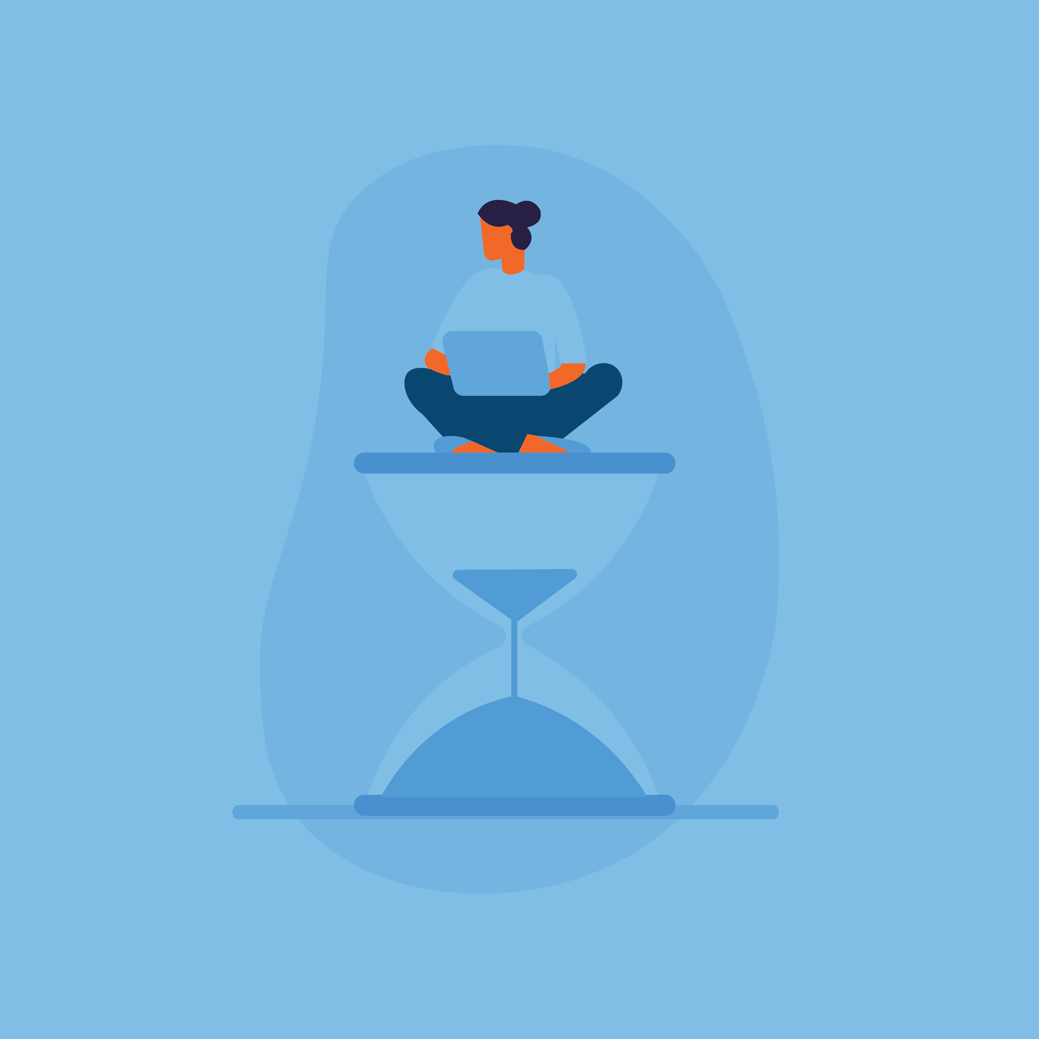 Person working on laptop on hourglass, time management concept.