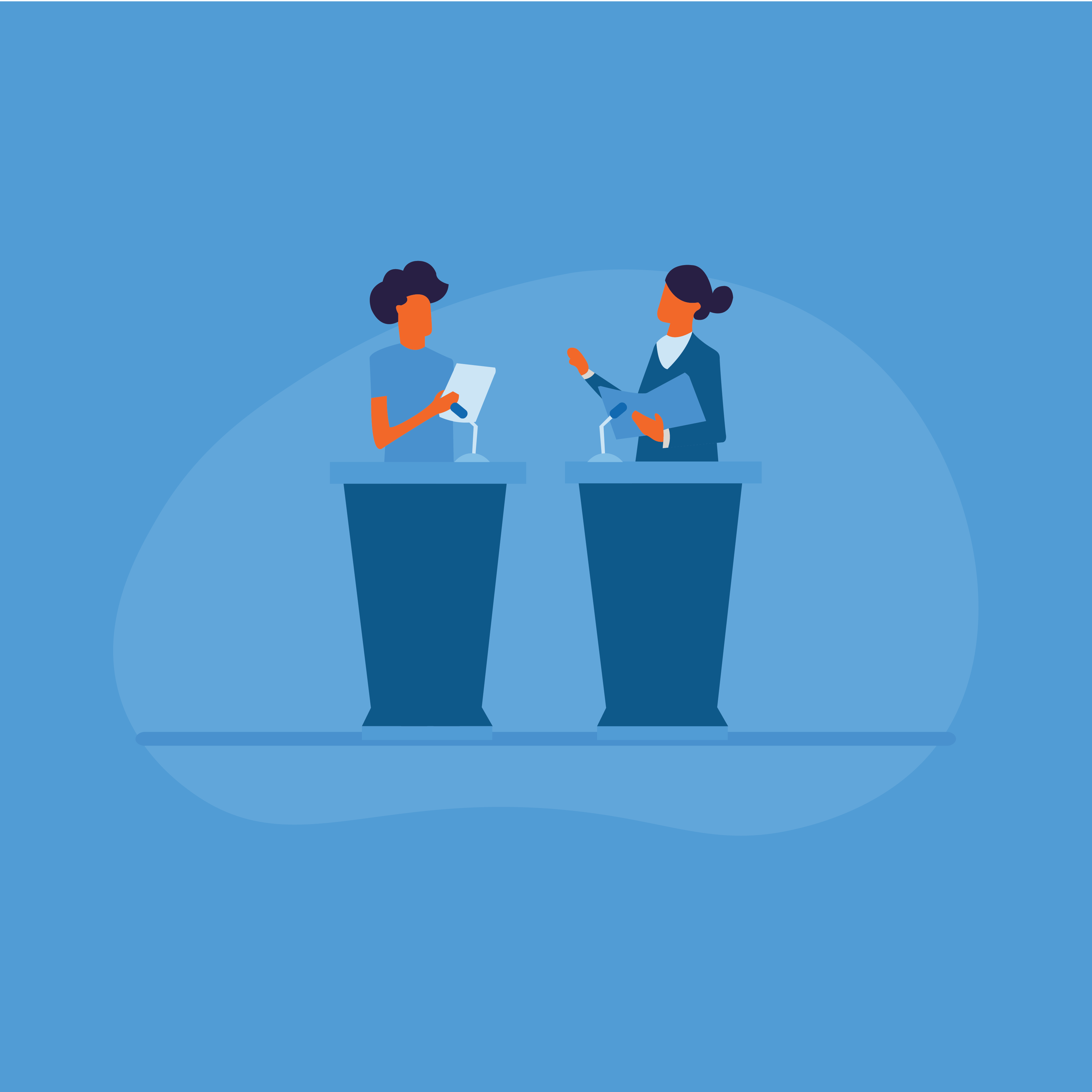 Illustration of people at podiums.