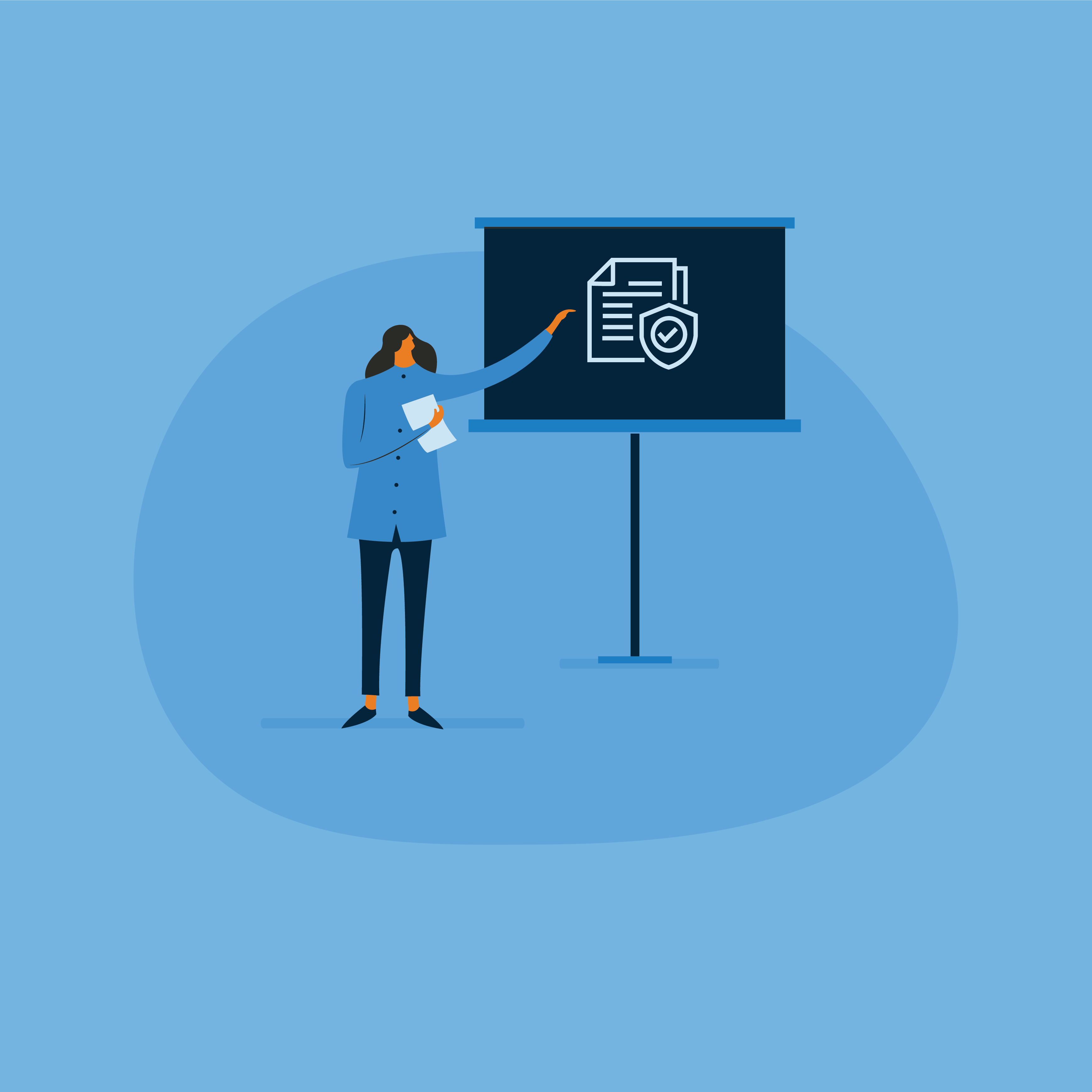 Person presenting information on a screen with documents and a shield.