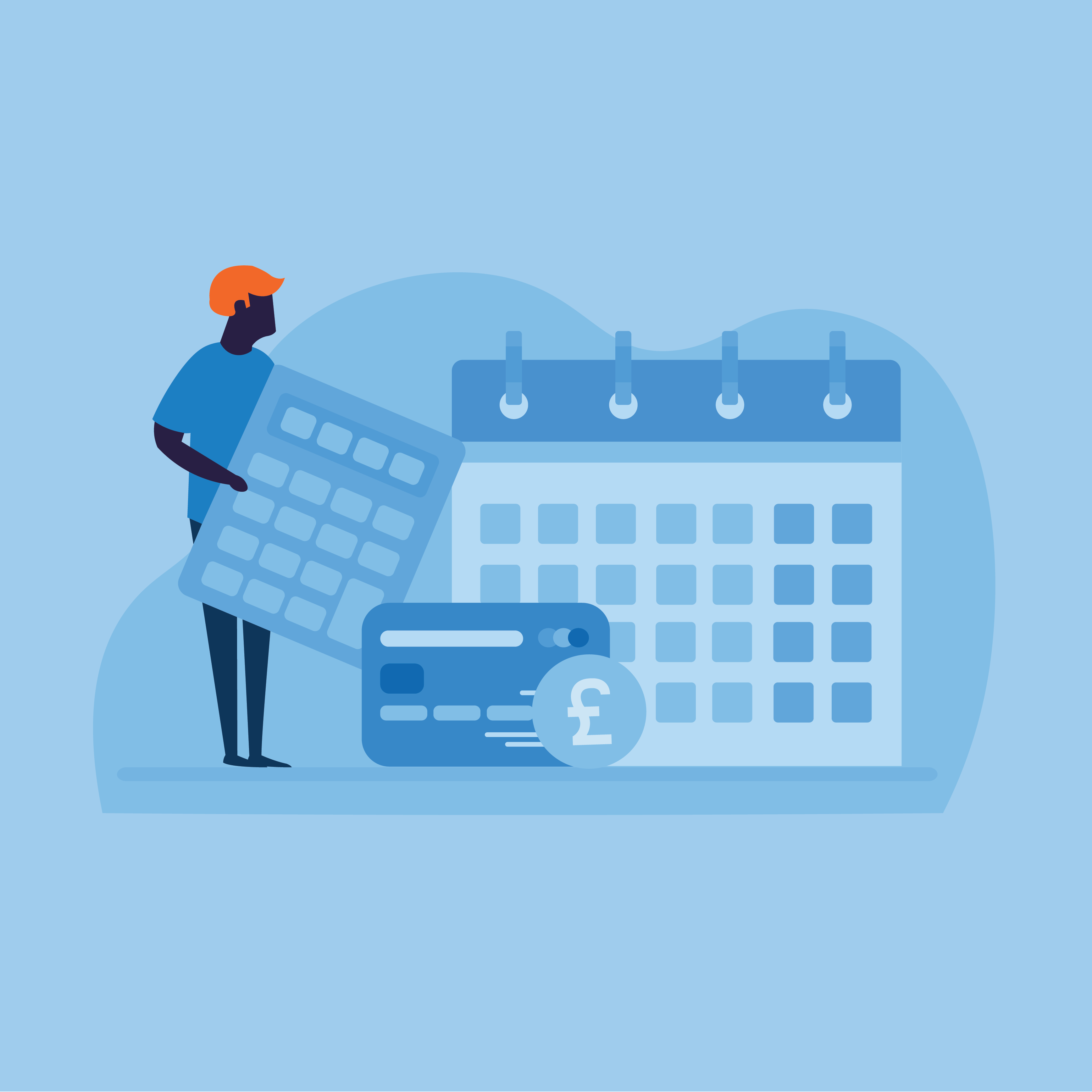 Person with calculator, calendar, credit card, and pound symbol.