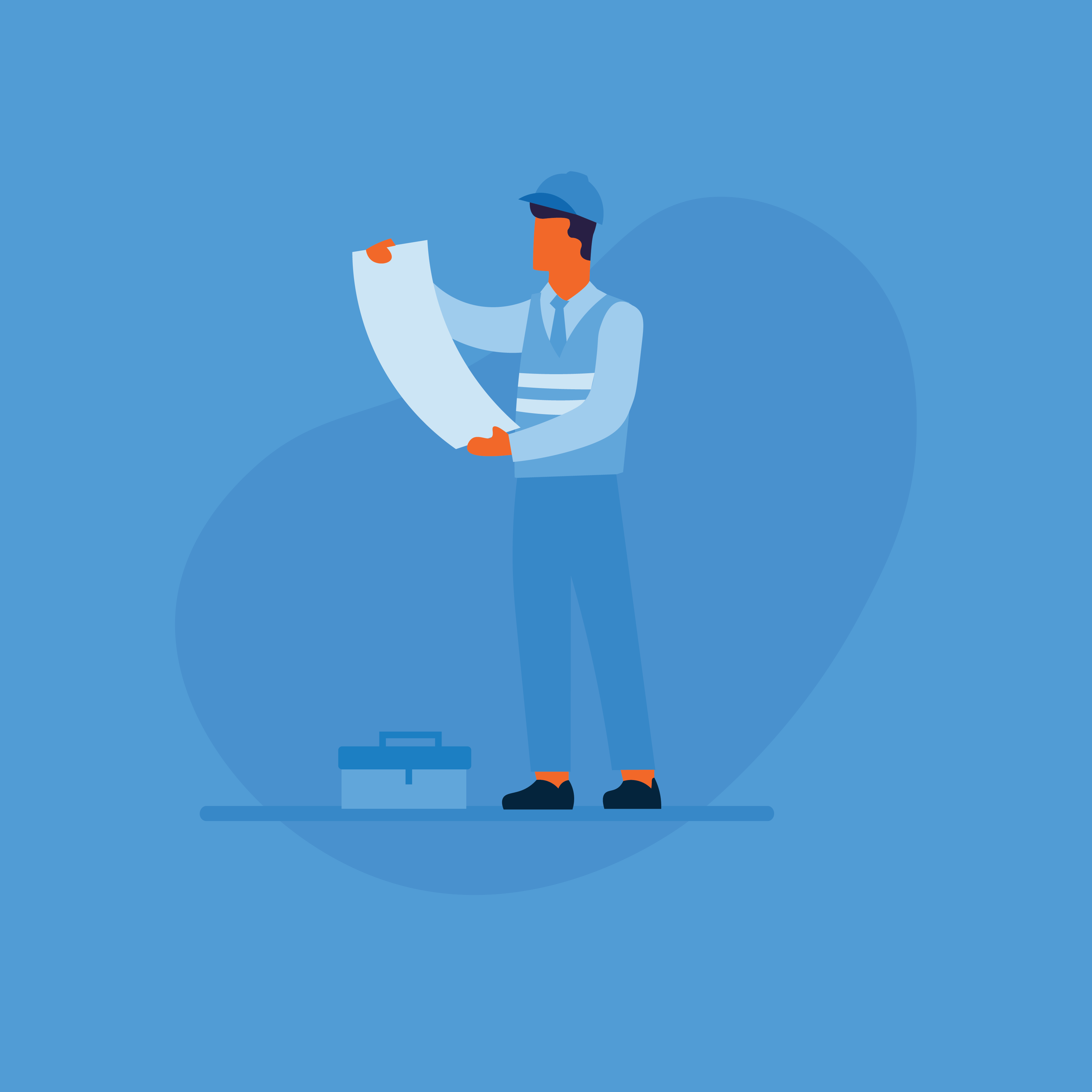 Inspector holding a document, toolbox in foreground. Blue background.