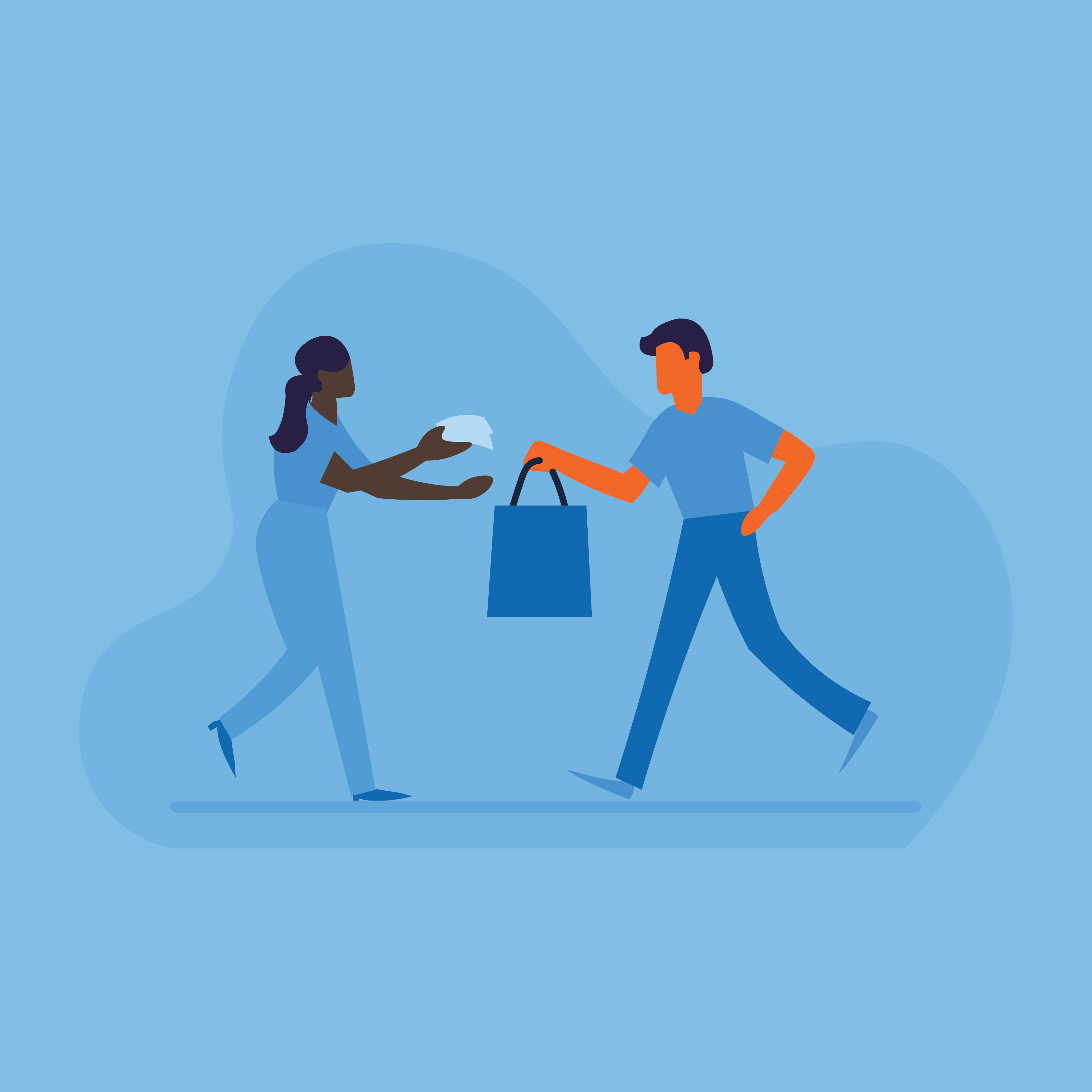 Person handing a shopping bag to another person.