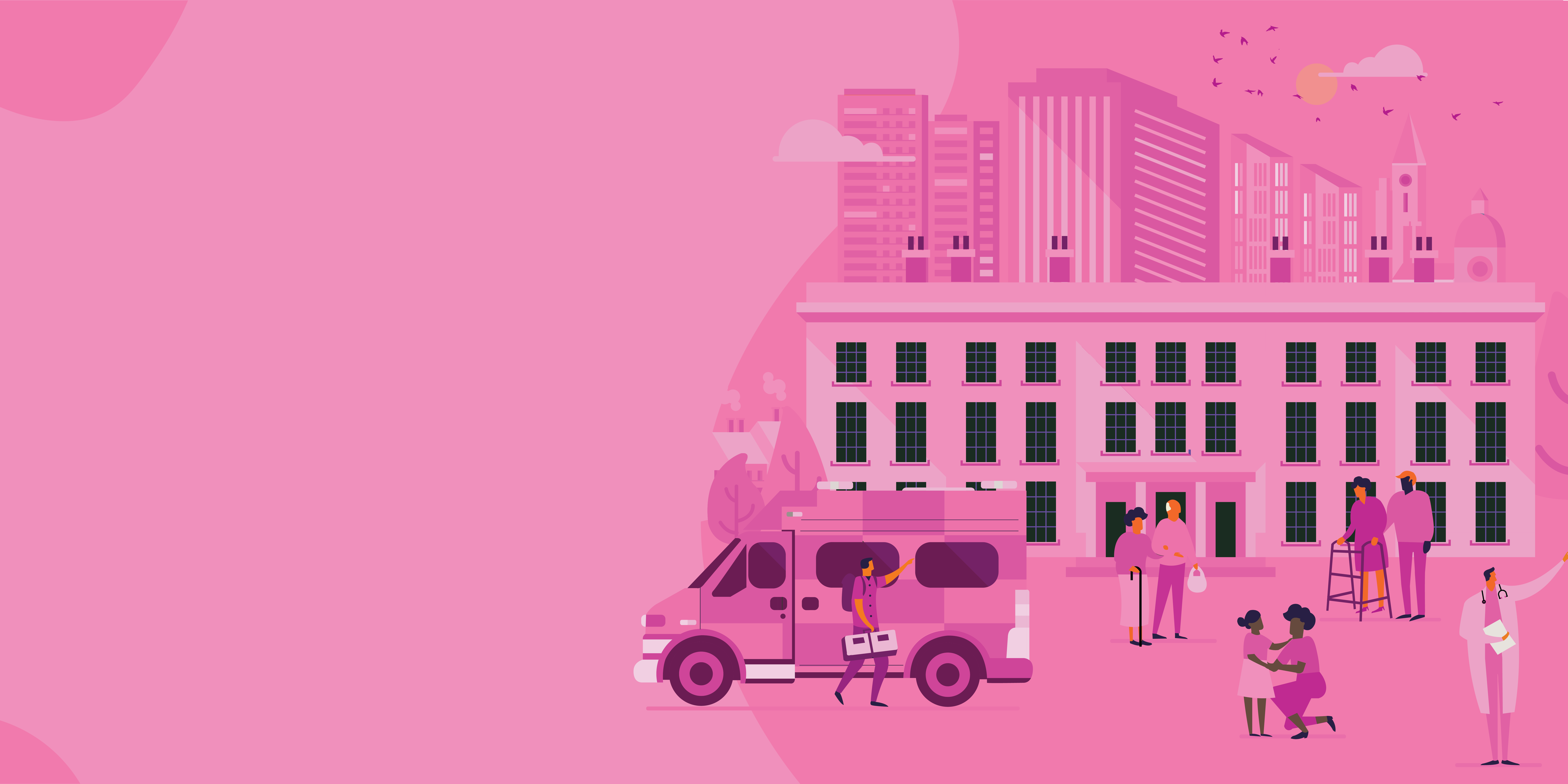 People and building in a pink illustration depicting social care.