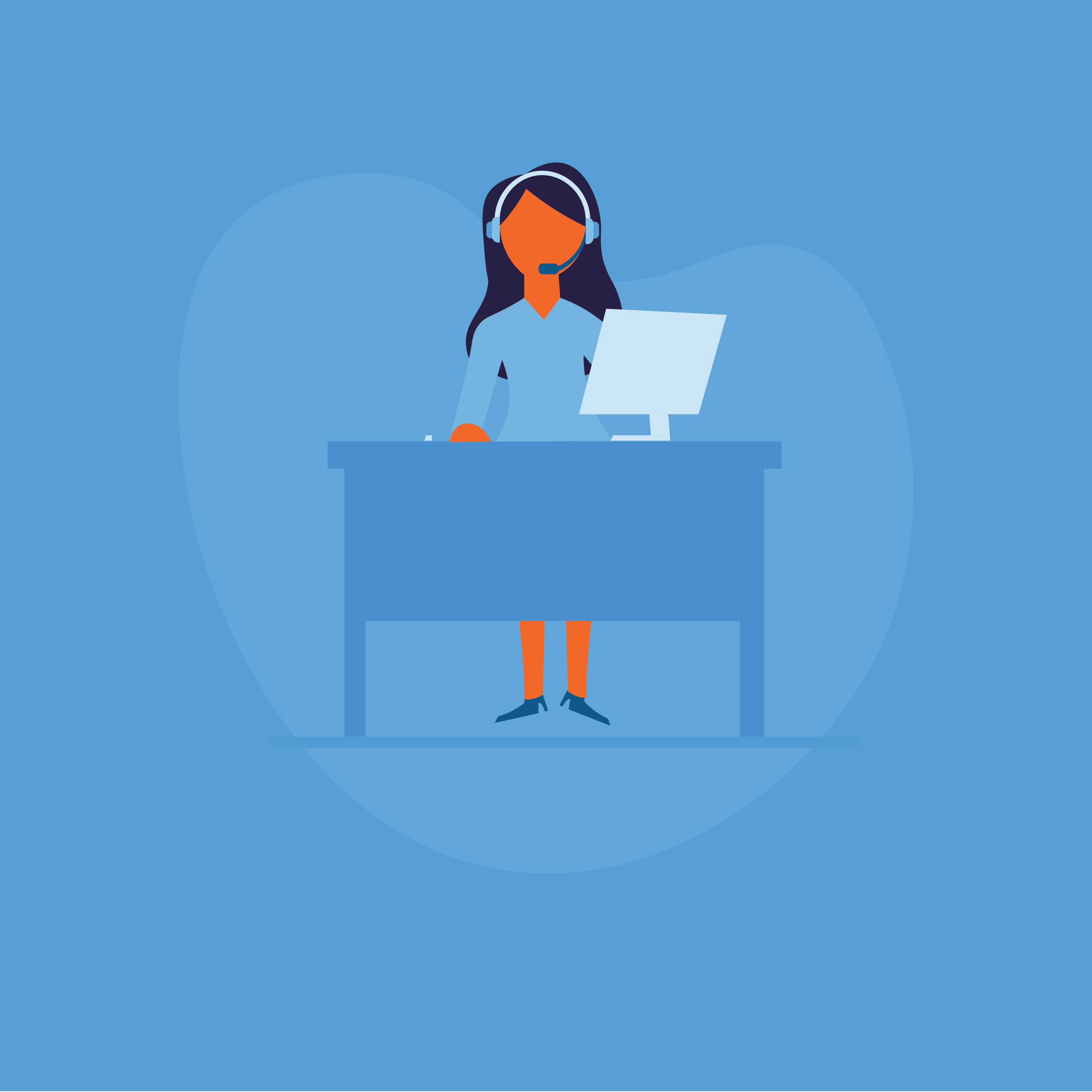 Illustration of a customer service representative with a headset at a desk.