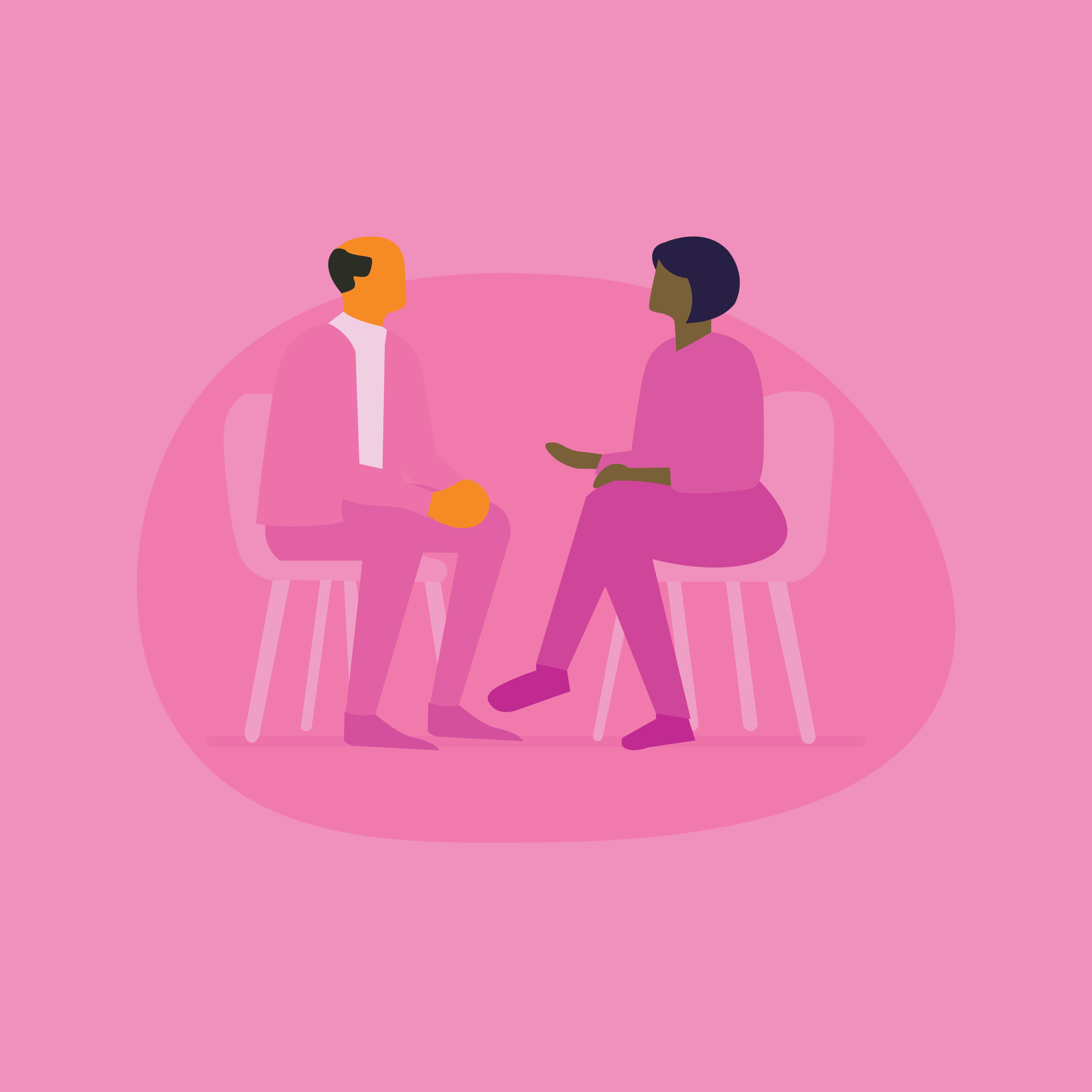 Two people in chairs having a conversation, pink background.