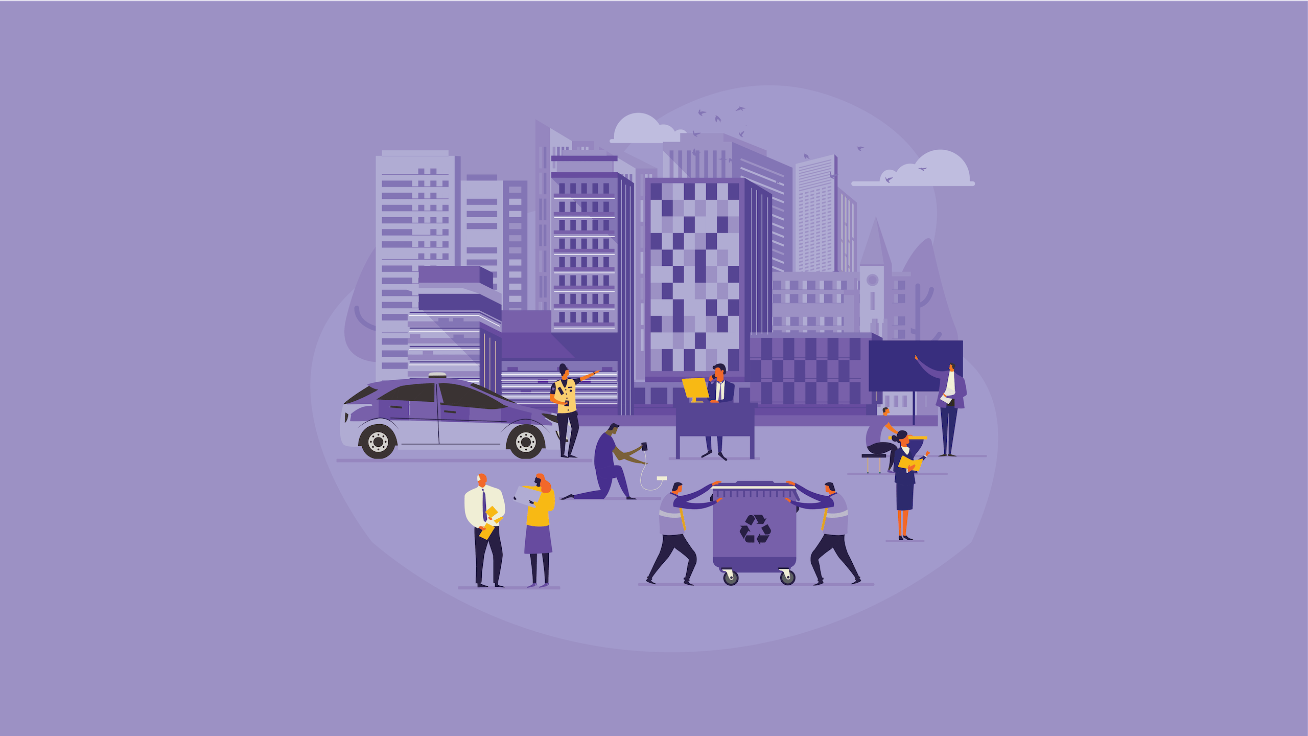 People in an urban setting with a car, buildings, and recycling bin.