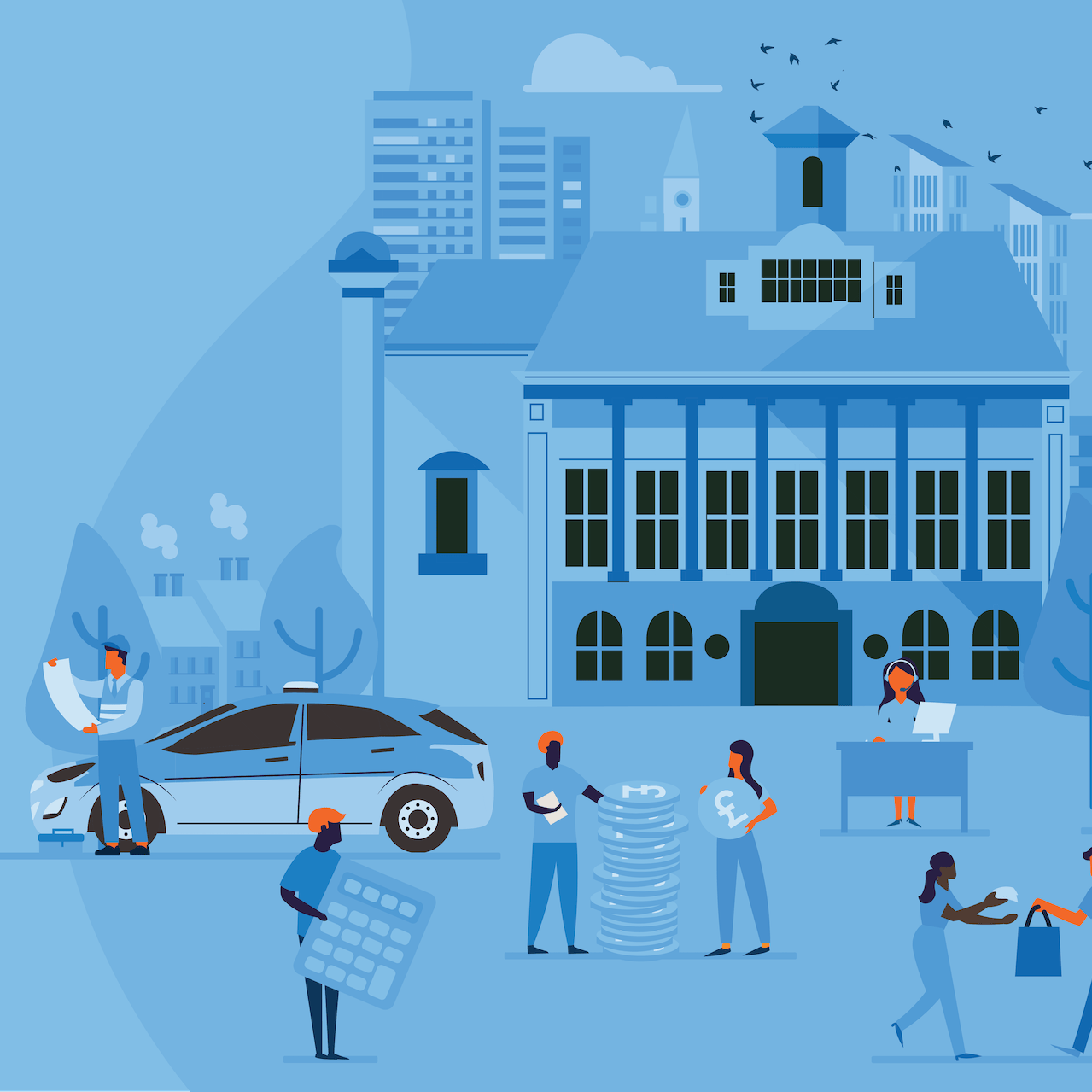 People working in a city with money, cars, and buildings.