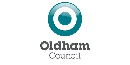 Oldham Council logo with a teal circle target design and text.