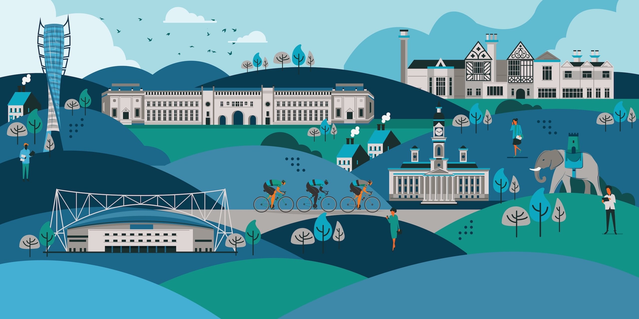 Illustration of Bolton with buildings, cyclists, and an elephant.
