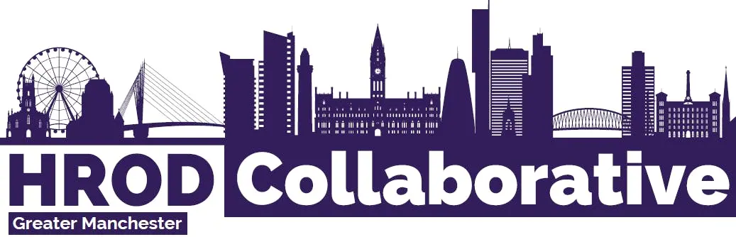 Silhouette of Manchester skyline; white text "HROD Collaborative" in purple.