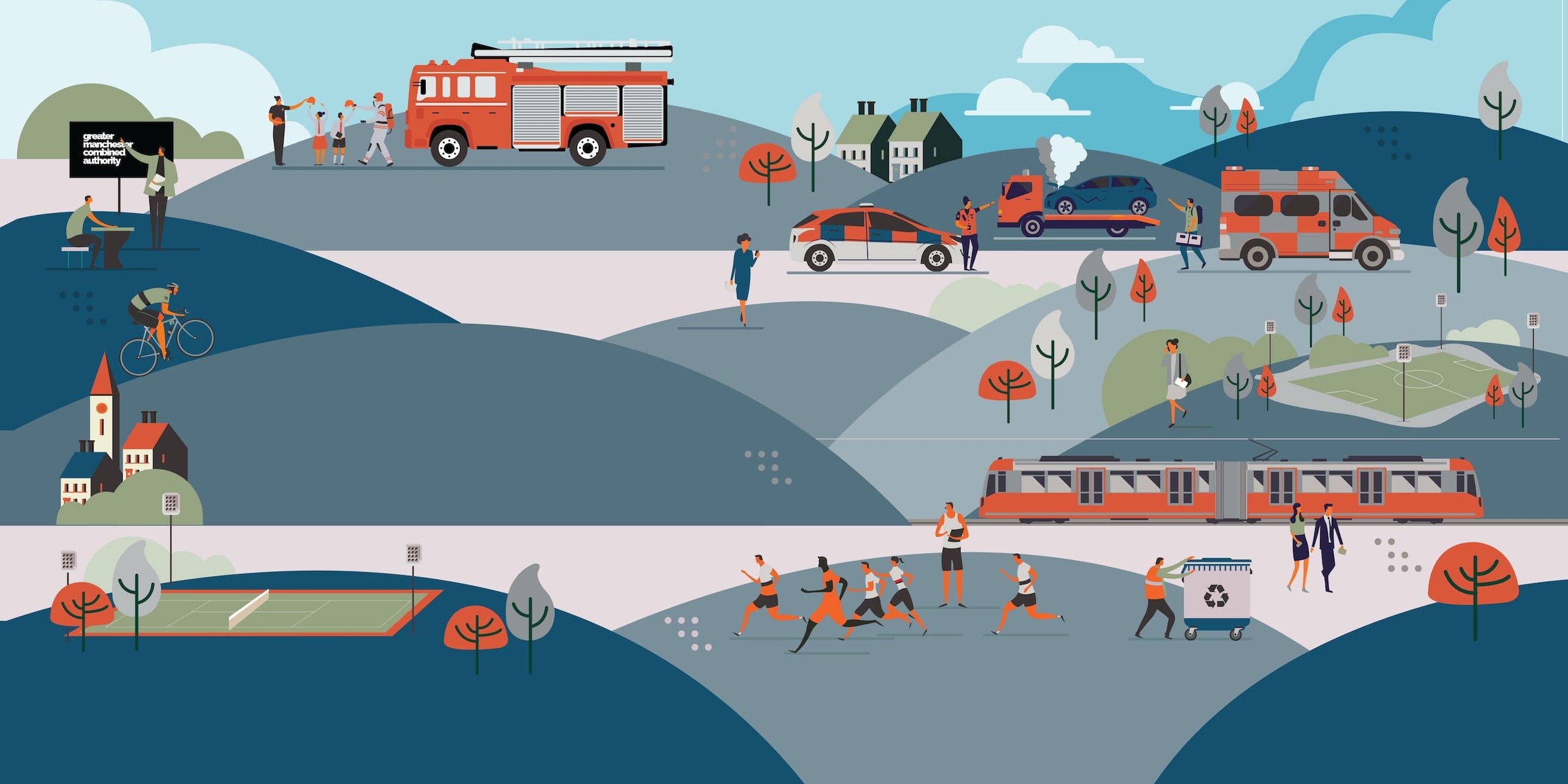 Illustration of emergency services, sports and public transport.