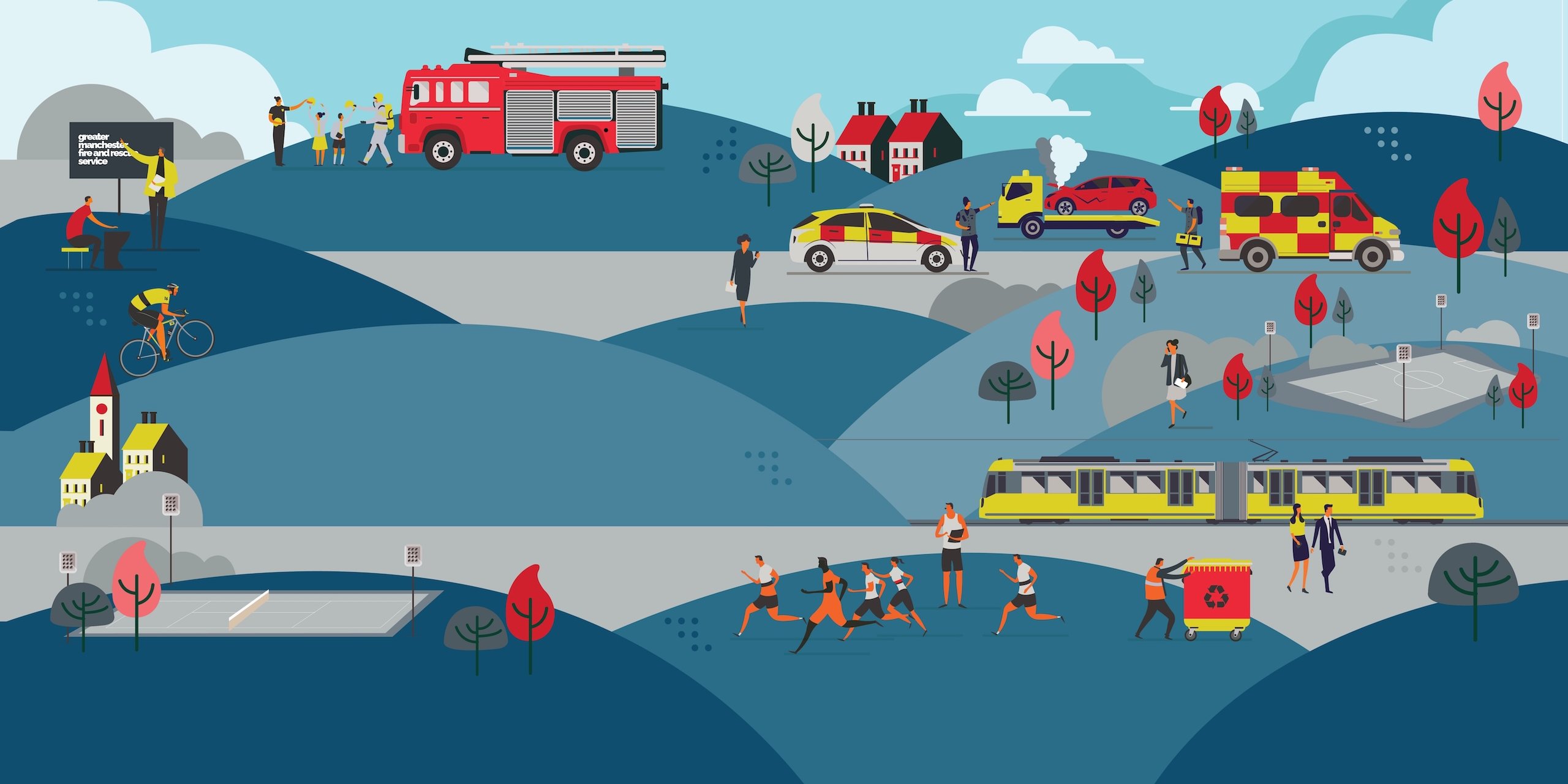 Stylized illustration of a city with emergency services, sports, and people.