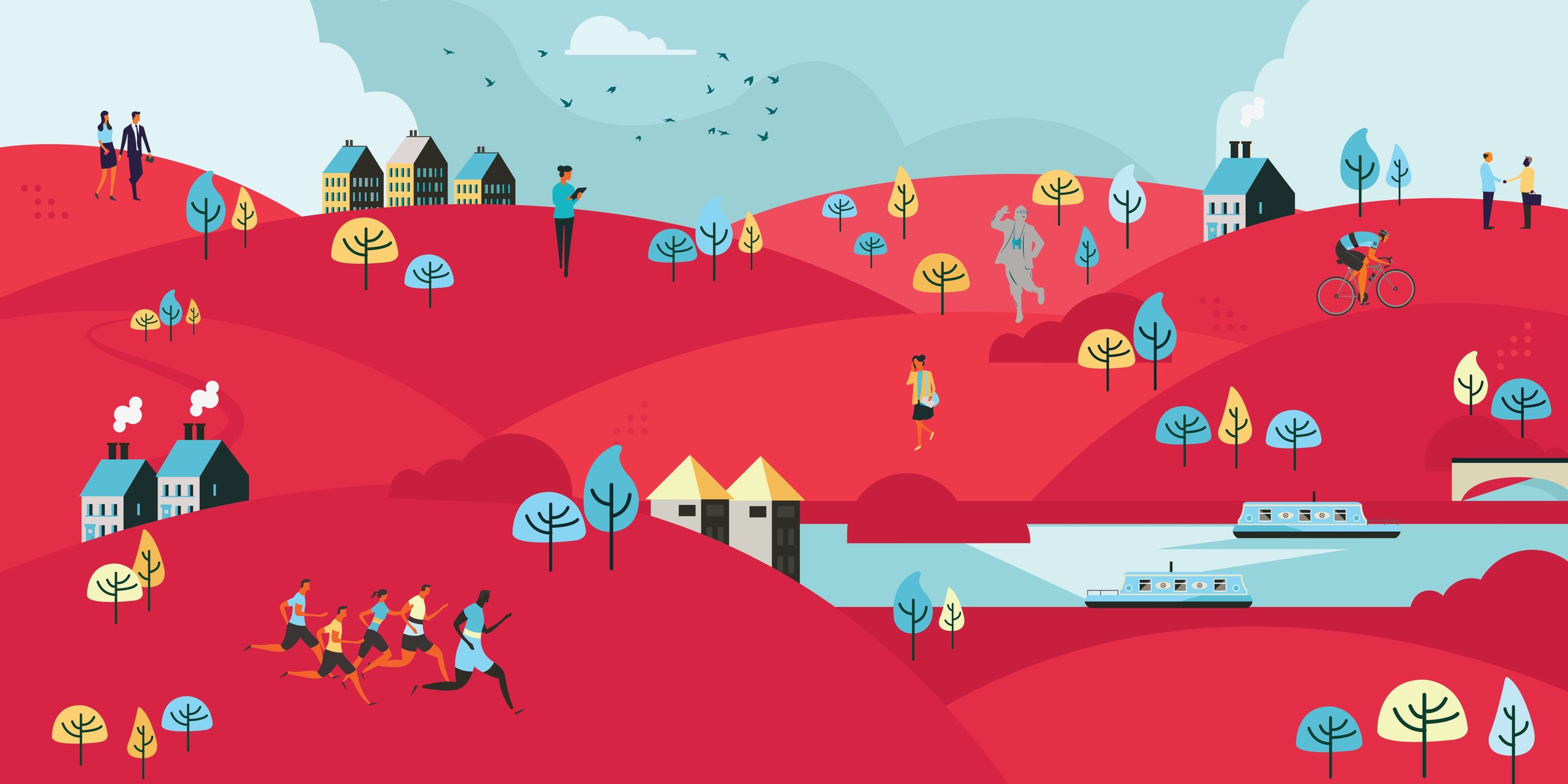 People engaged in various activities, with houses, trees, and water.