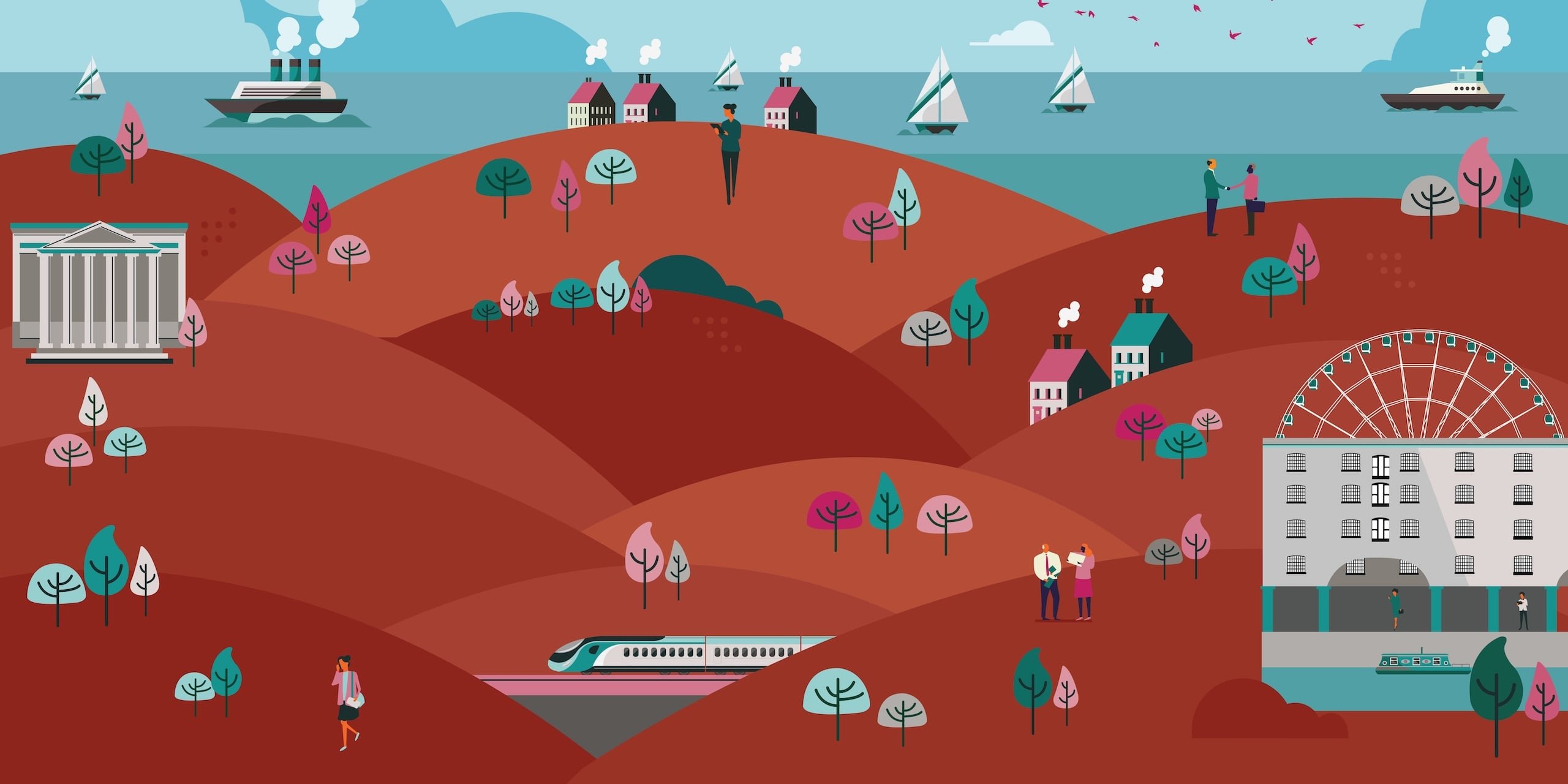 Illustration of a city by the sea with boats, buildings and trees.