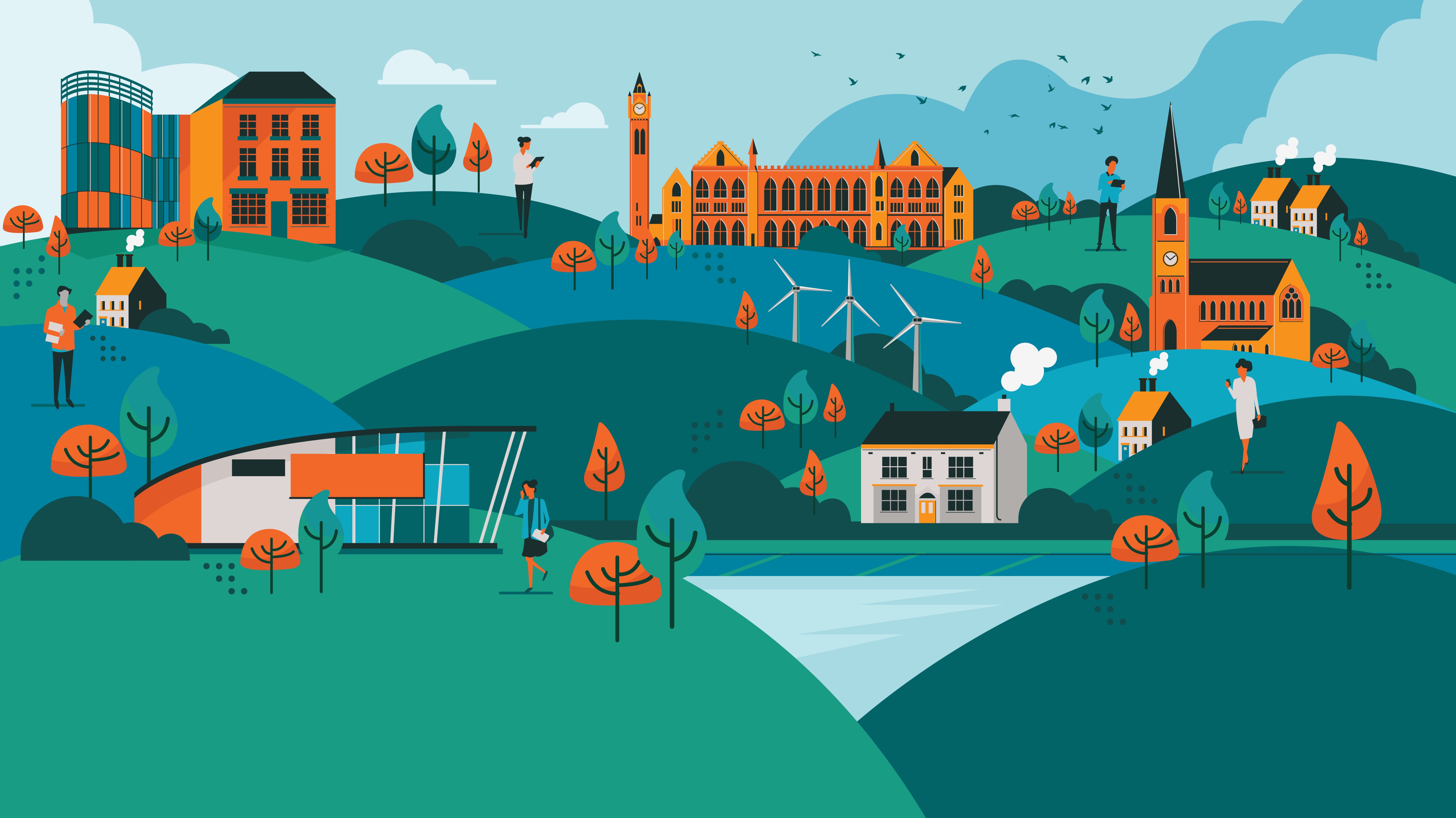 Illustration of Rochdale with buildings, people, and trees.