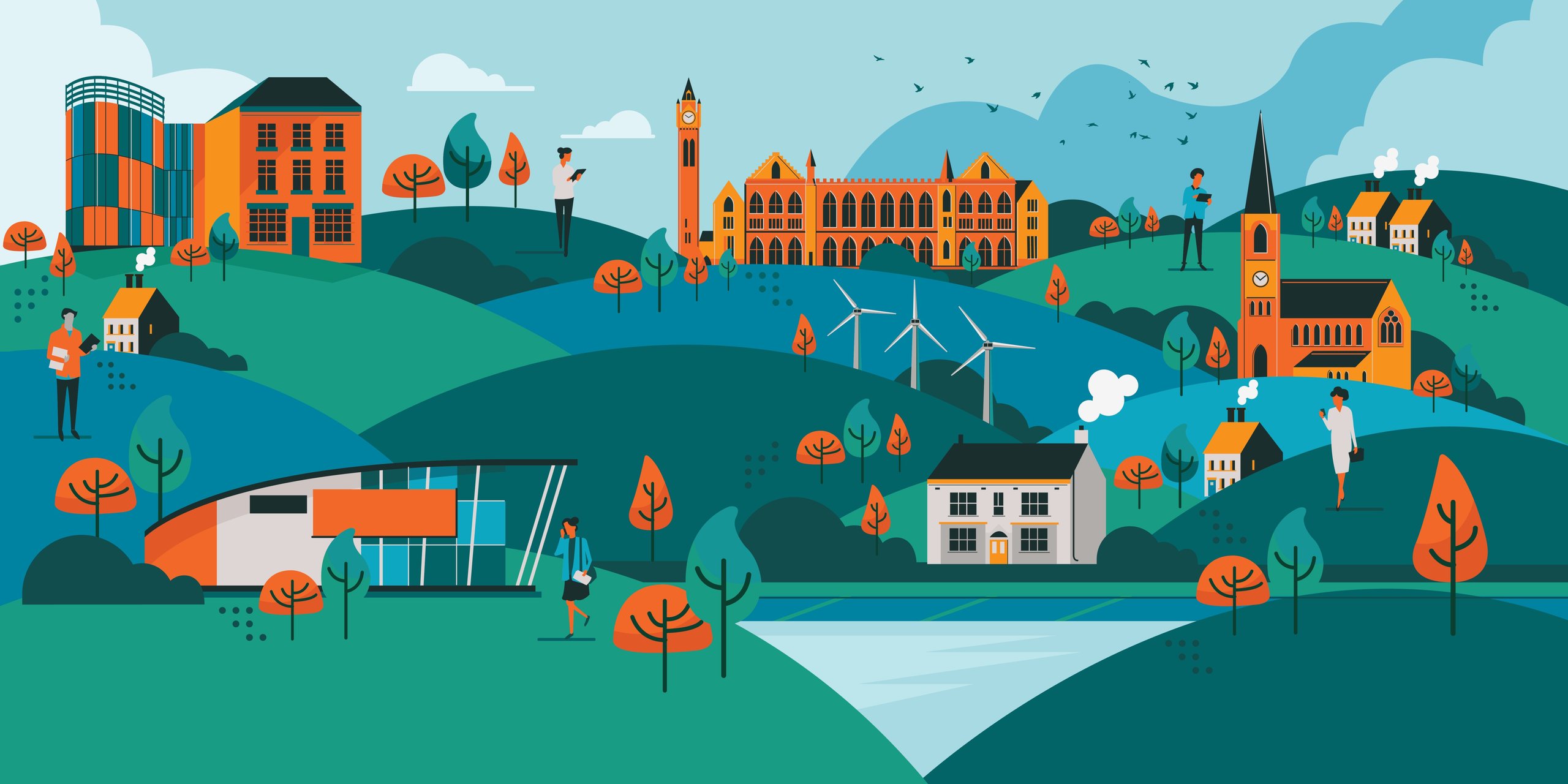 Illustration of Rochdale with buildings, people, and trees.
