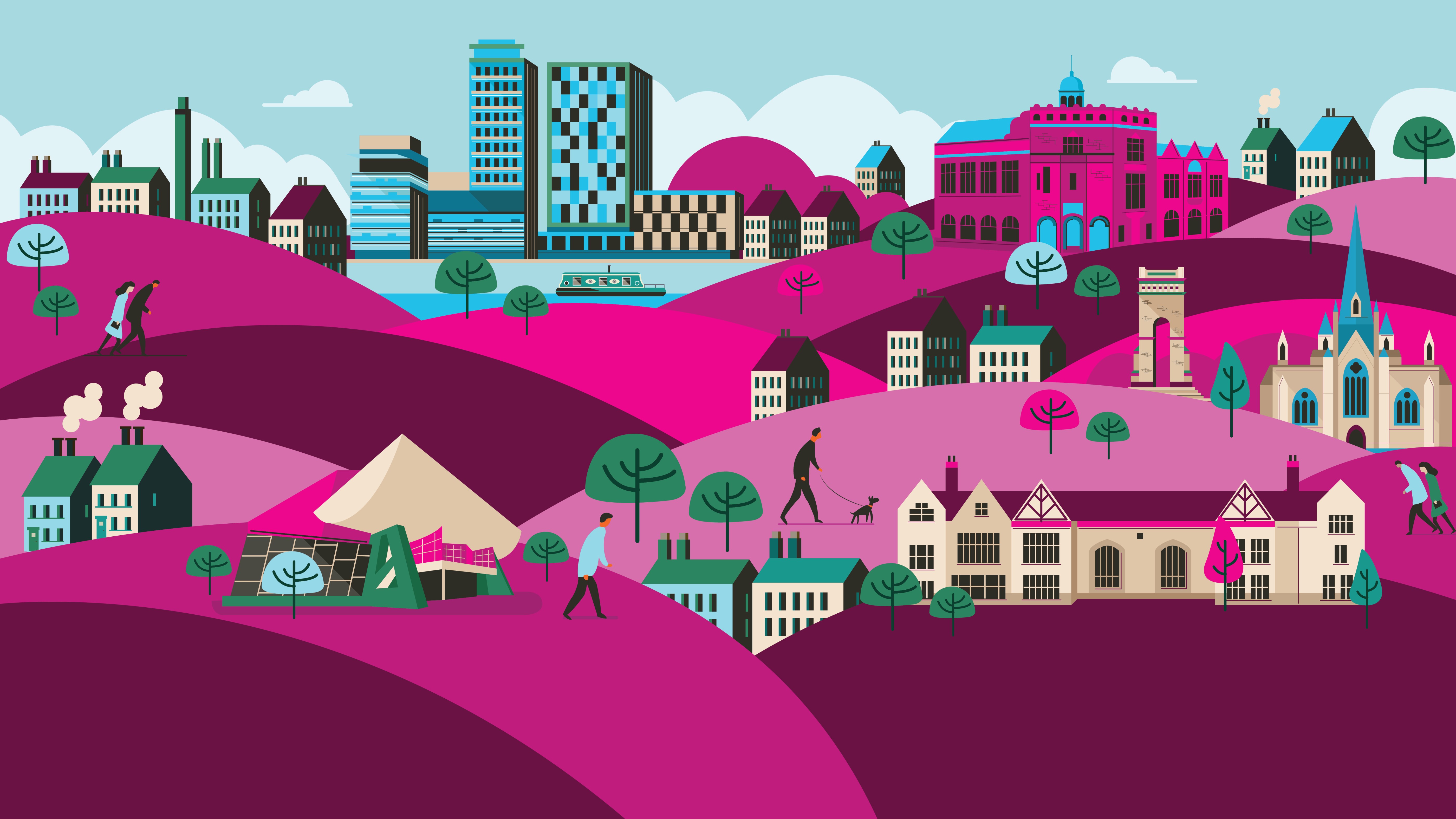 Illustration of Salford featuring buildings and people.