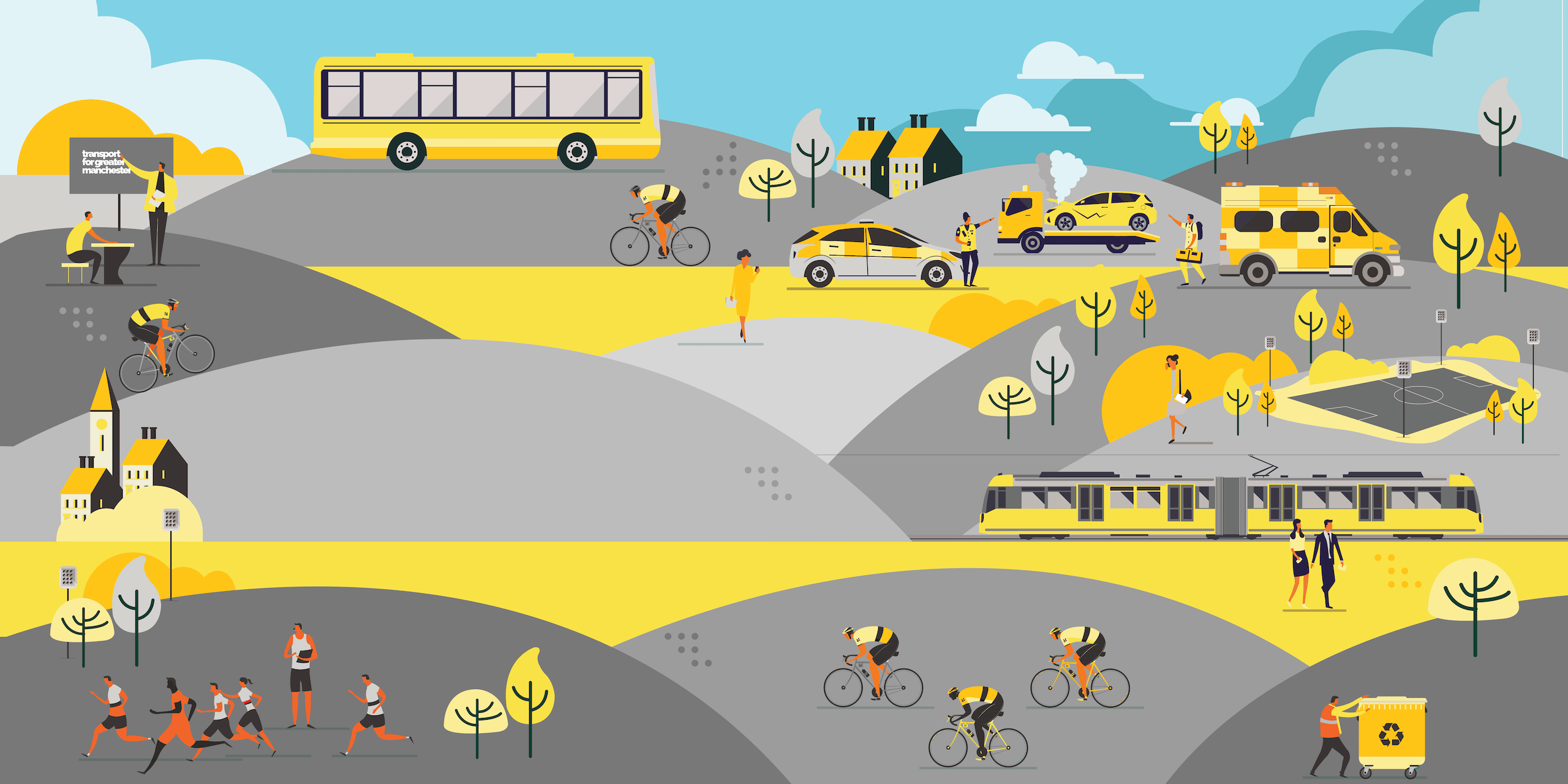 People using public transport, vehicles, and recreation in a city, graphic.