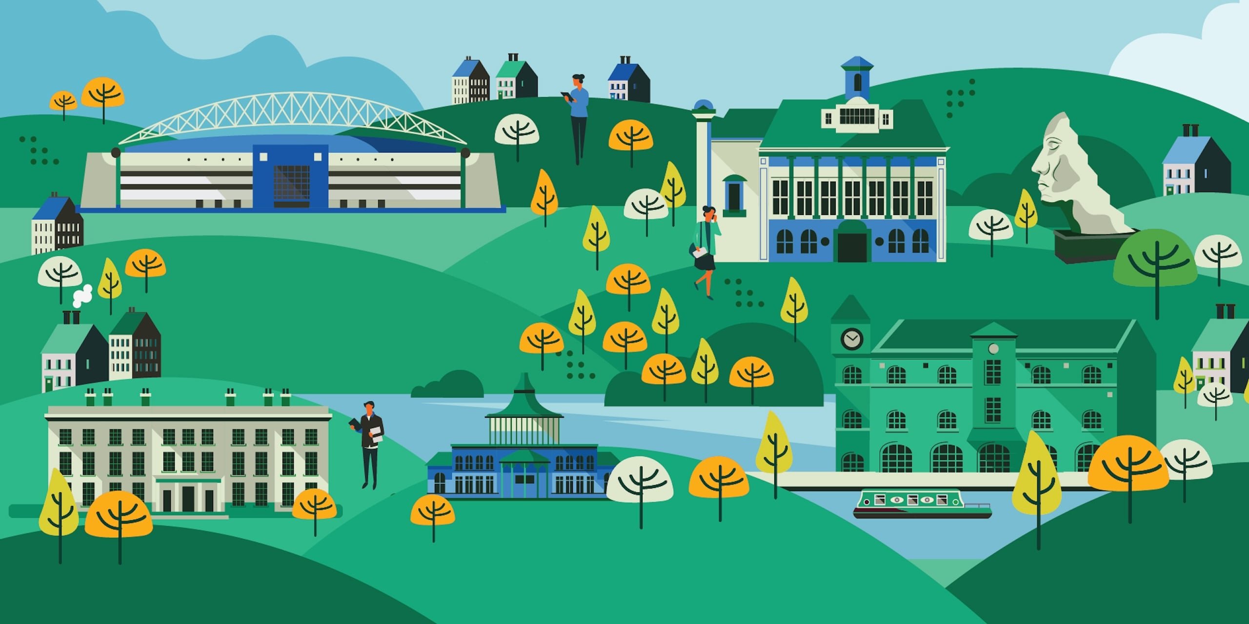 Illustration depicting a landscape with buildings, trees, and people.