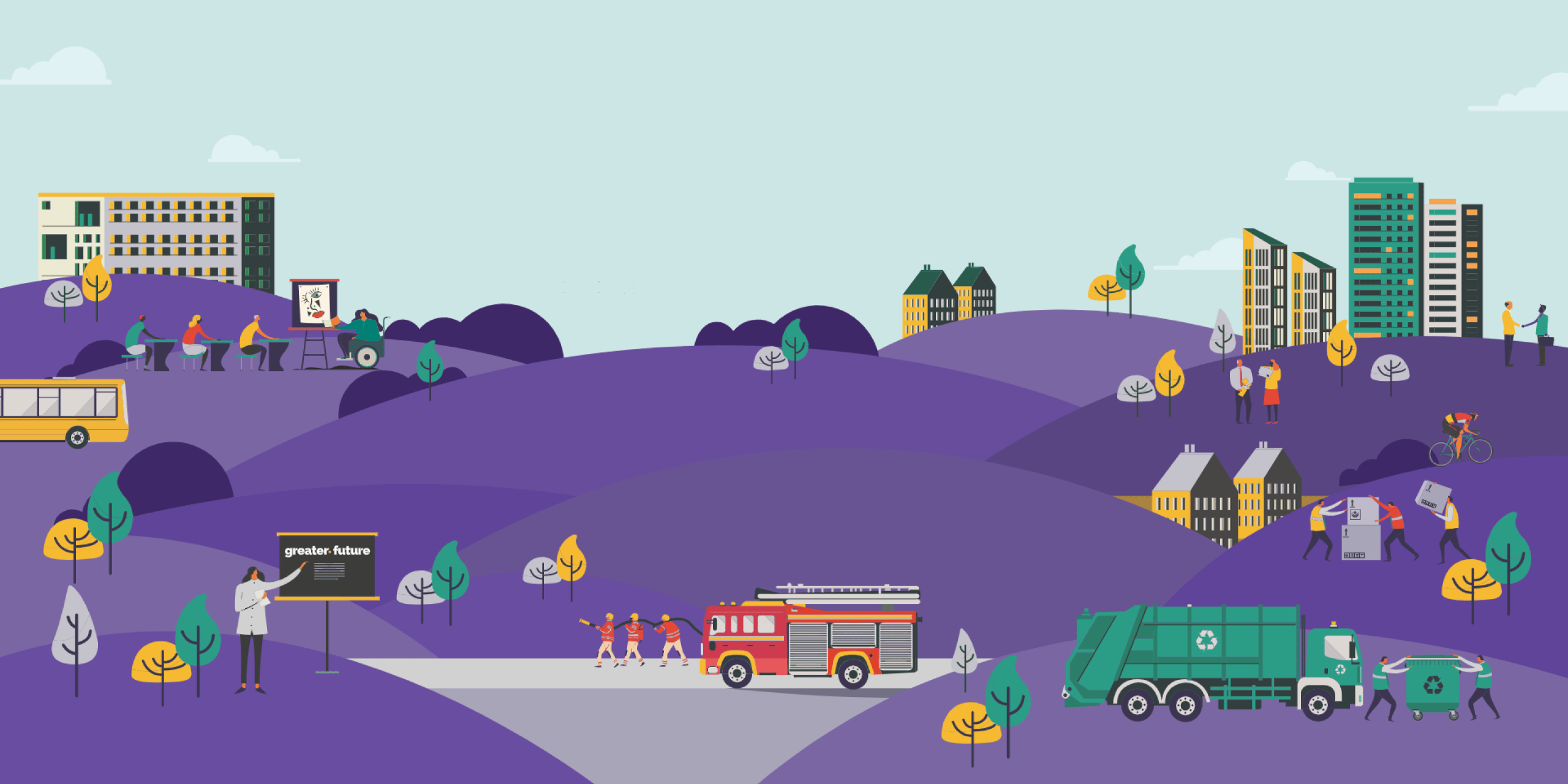 Illustration of a city with various buildings, people, and vehicles.