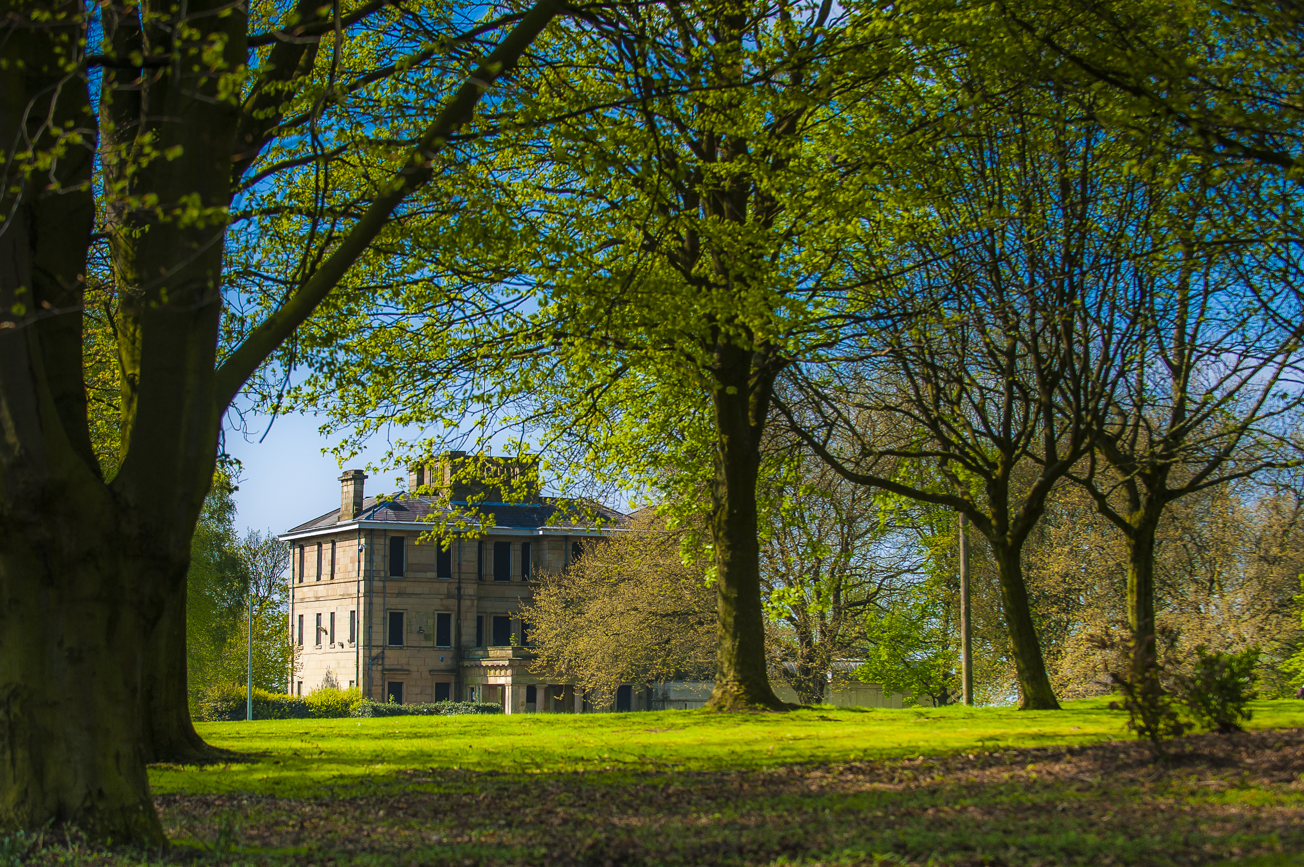 A building surrounded by trees in a park.