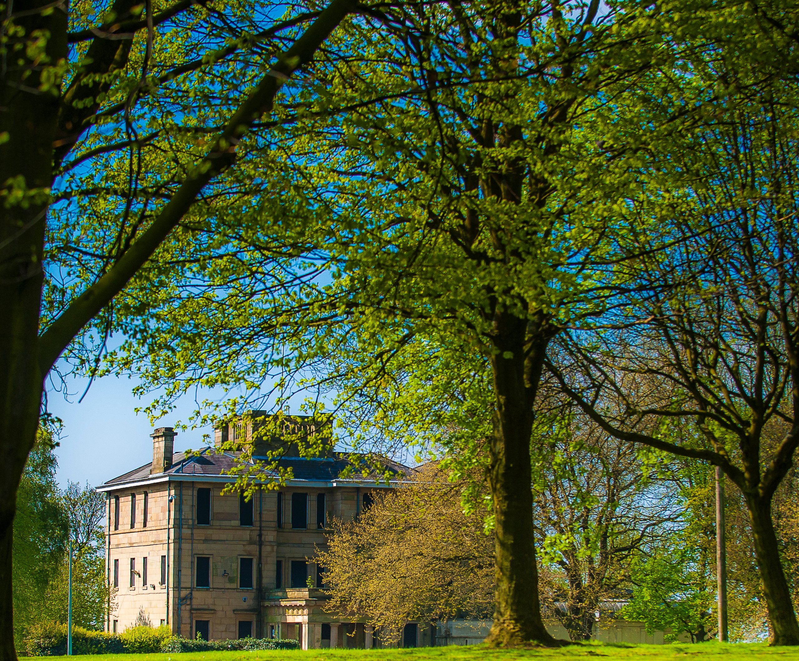 A building surrounded by trees in a park.
