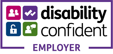 Disability Confident employer logo with colorful icons and text.