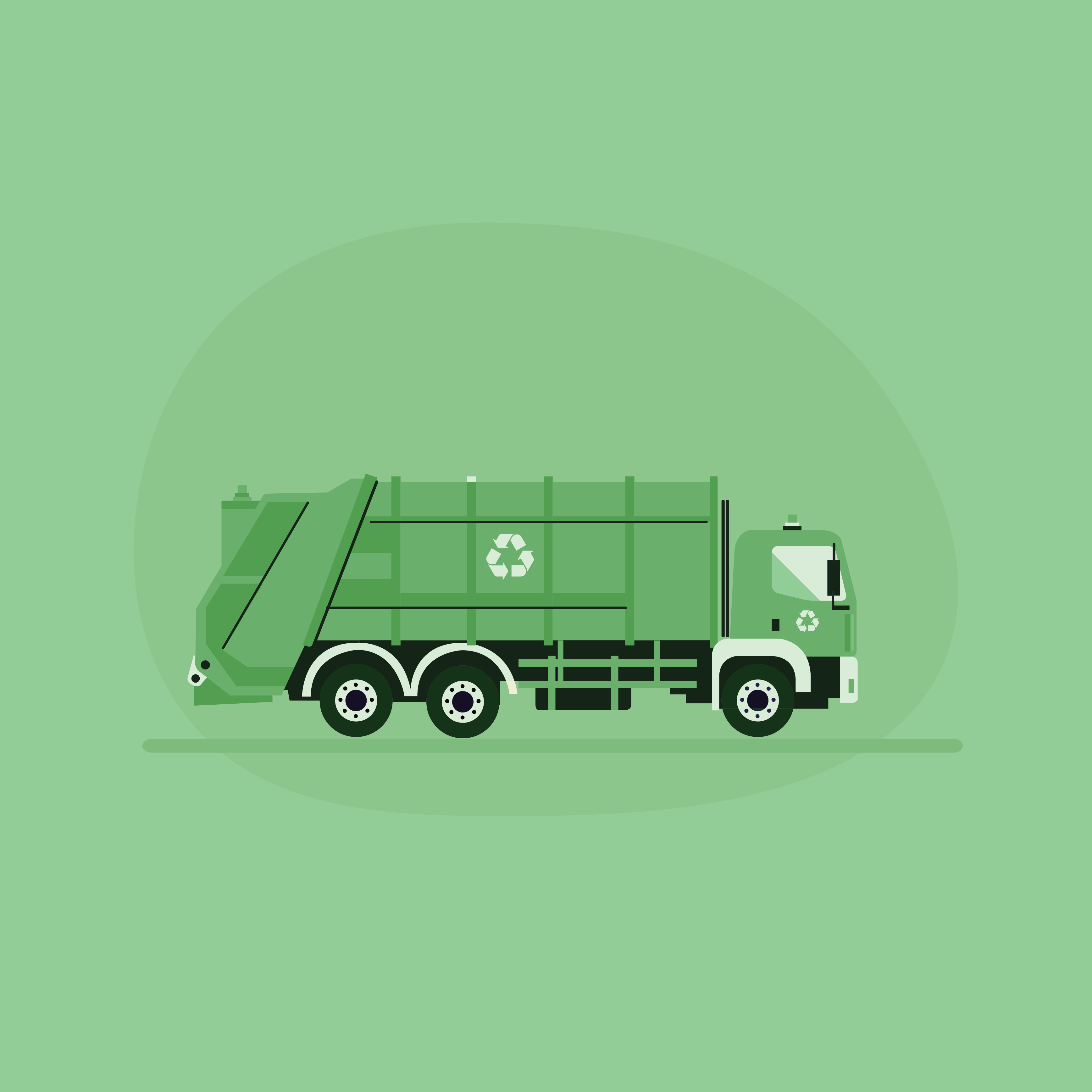 Illustration of a green garbage truck with recycling symbol.