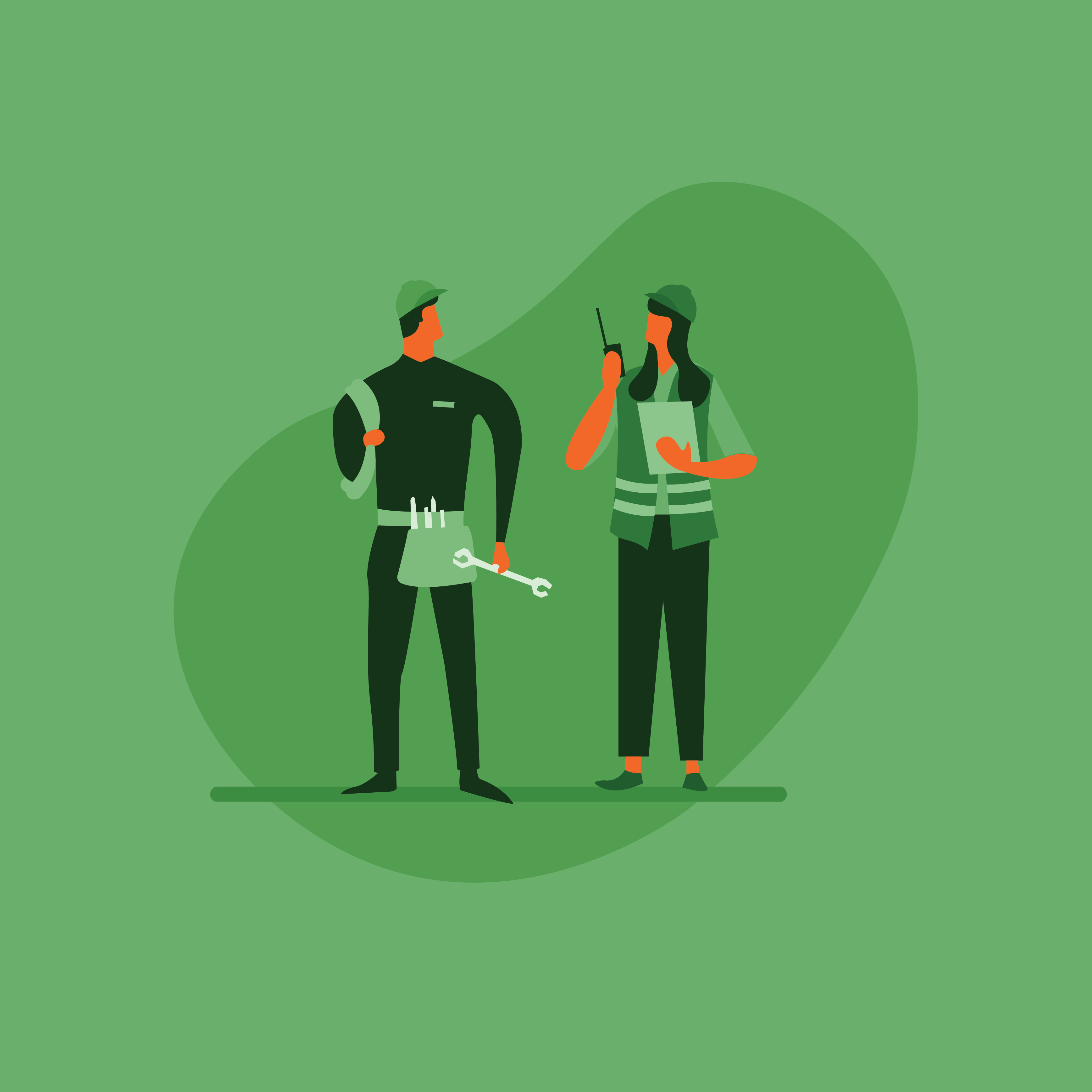 Two engineers, one with a wrench, one with a radio.