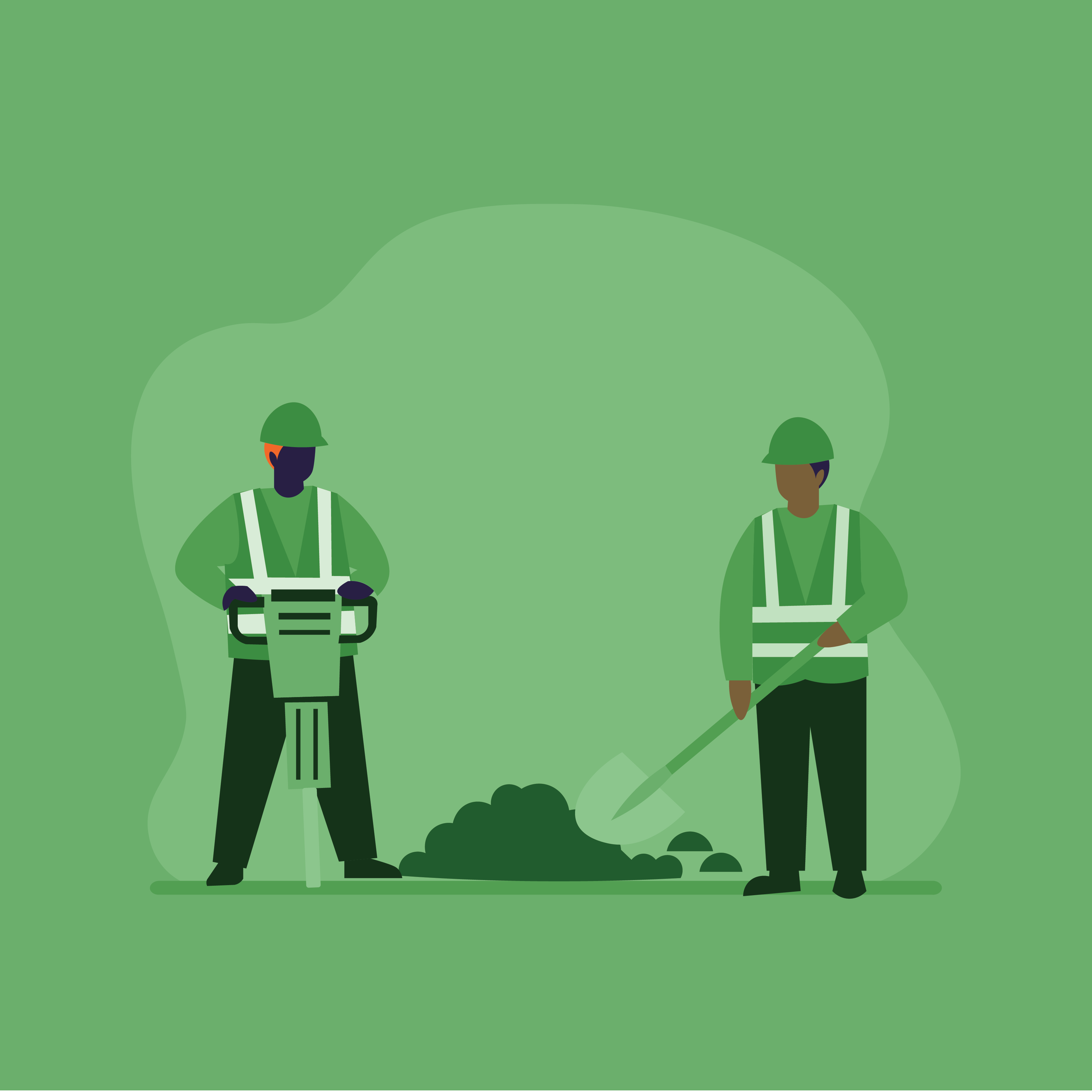 Two workers with tools, helmets, and safety vests.