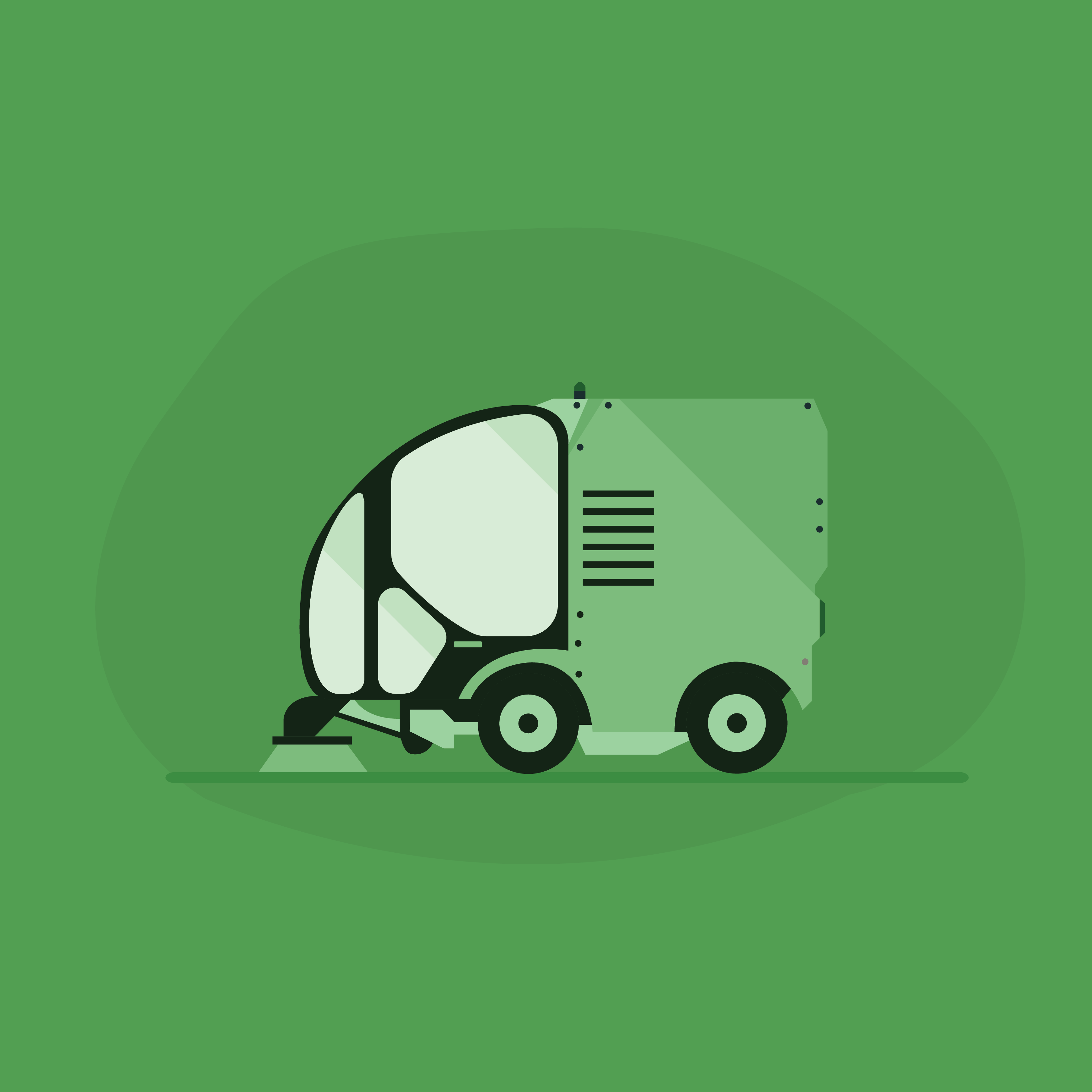Illustration of a street sweeper on a green background.