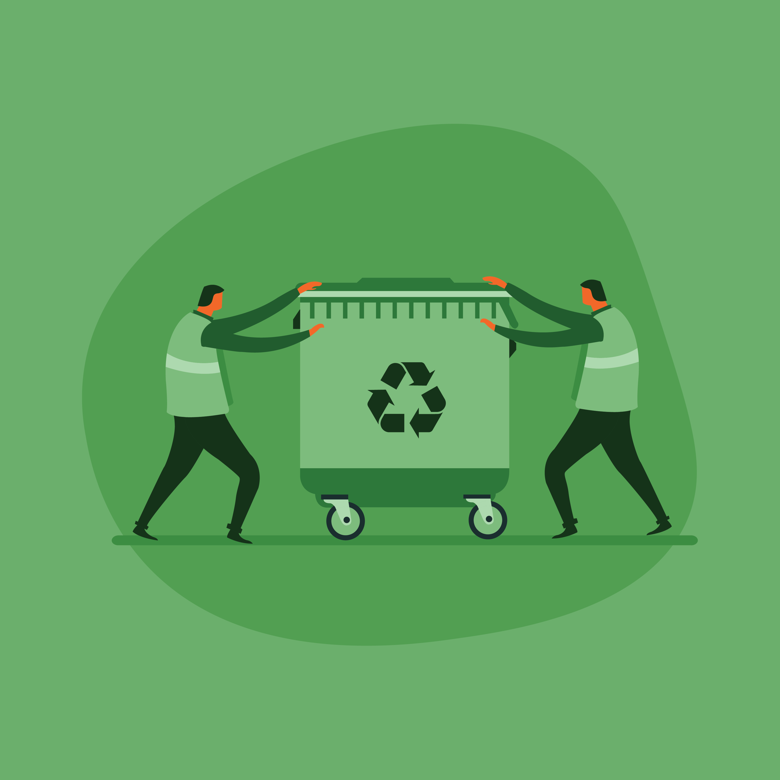 People pushing a recycle bin.