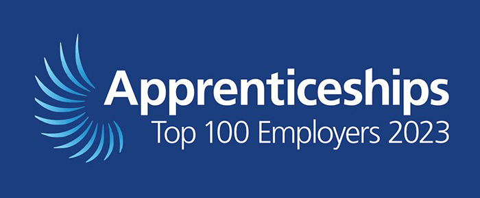 Apprenticeships Top 100 Employers 2023 logo on blue background.