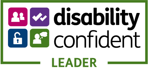 Disability Confident Leader badge with icons and text.