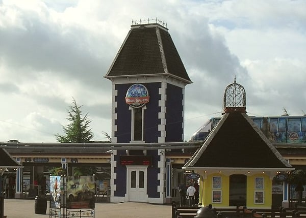 Entrance to the Alton Towers theme park, roller coaster in view.