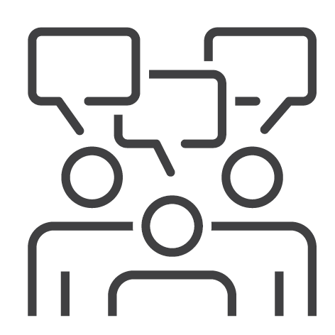 Three people with speech bubbles above them.