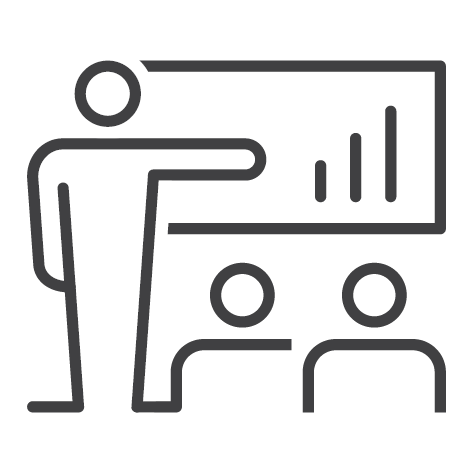 Icon of a person presenting to an audience, with a graph.