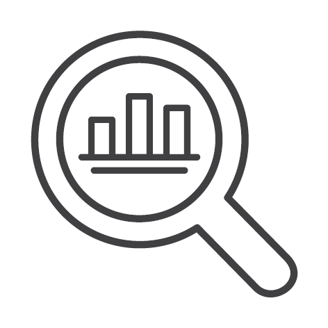 Magnifying glass over a bar graph icon.